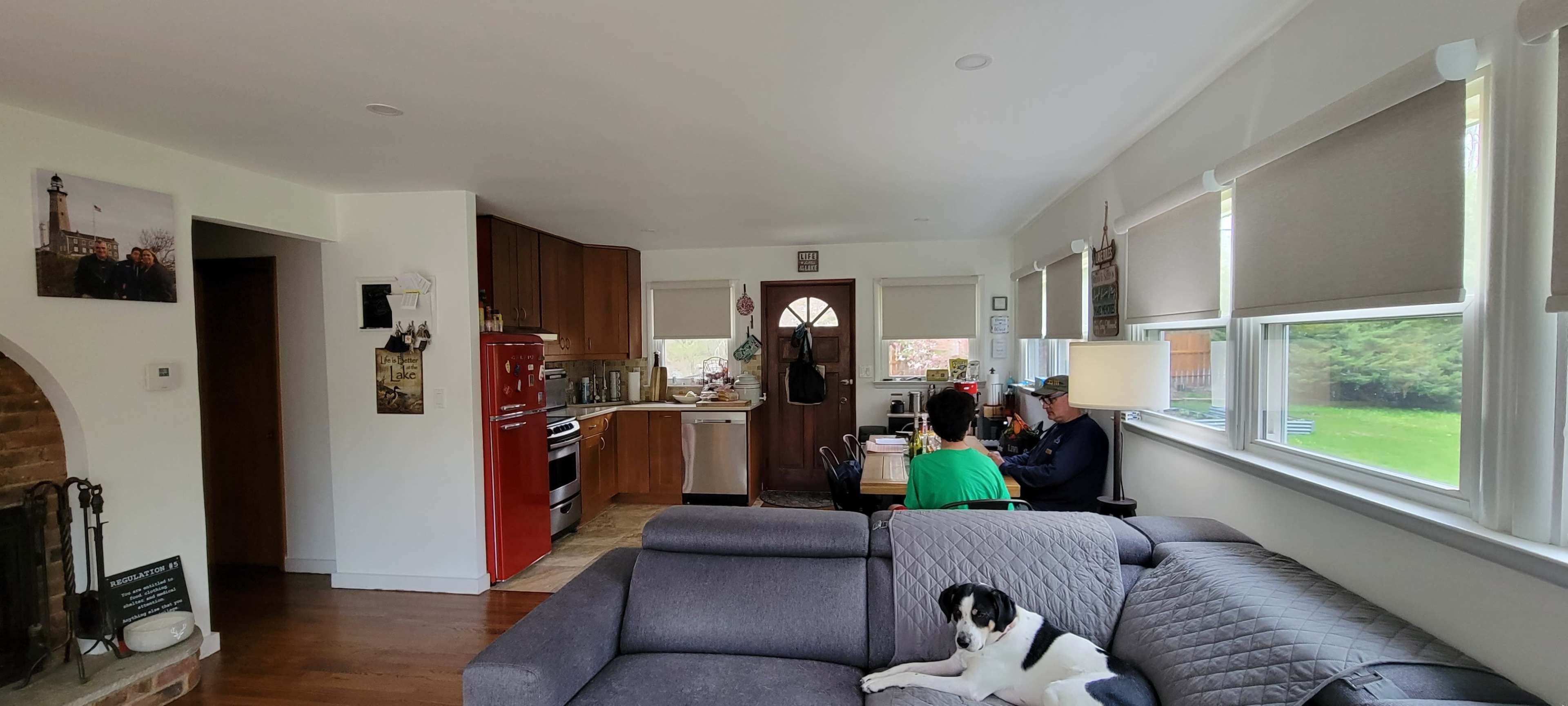 A living room with a gray couch and a dog lying on it, where two people are seated at a dining table in the kitchen area.