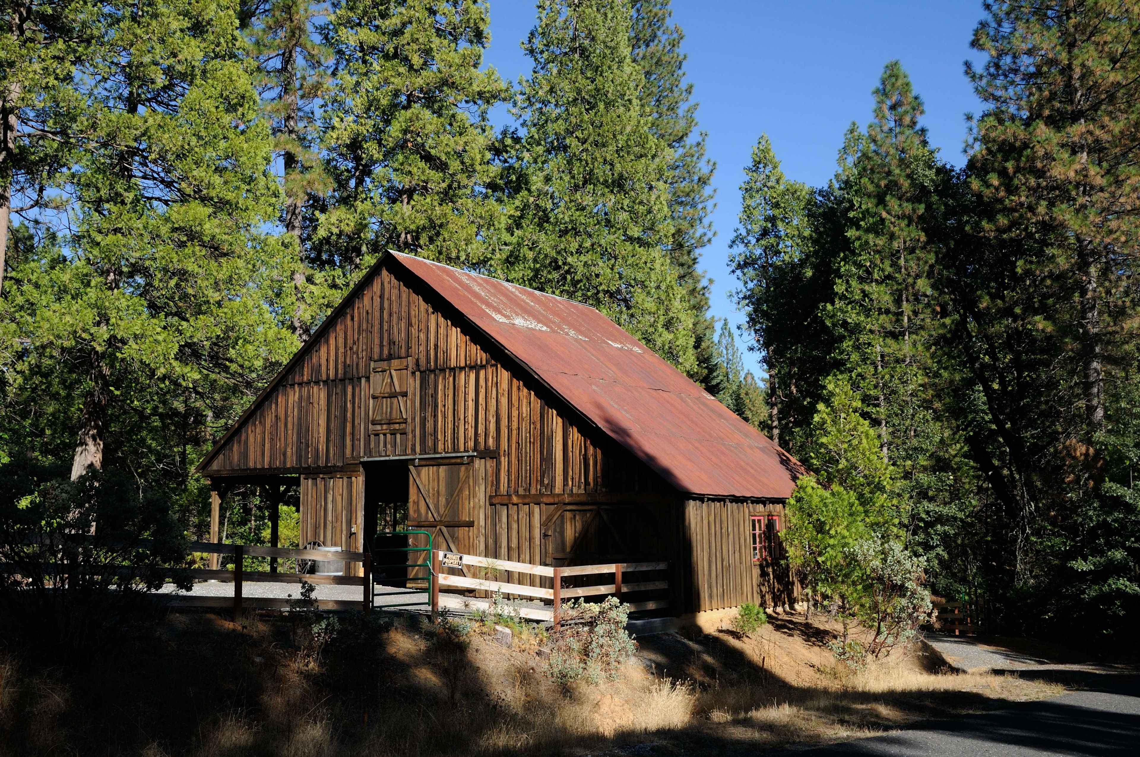 A wooden barn with a rusty red roof is surrounded by tall green trees and dry grass.
