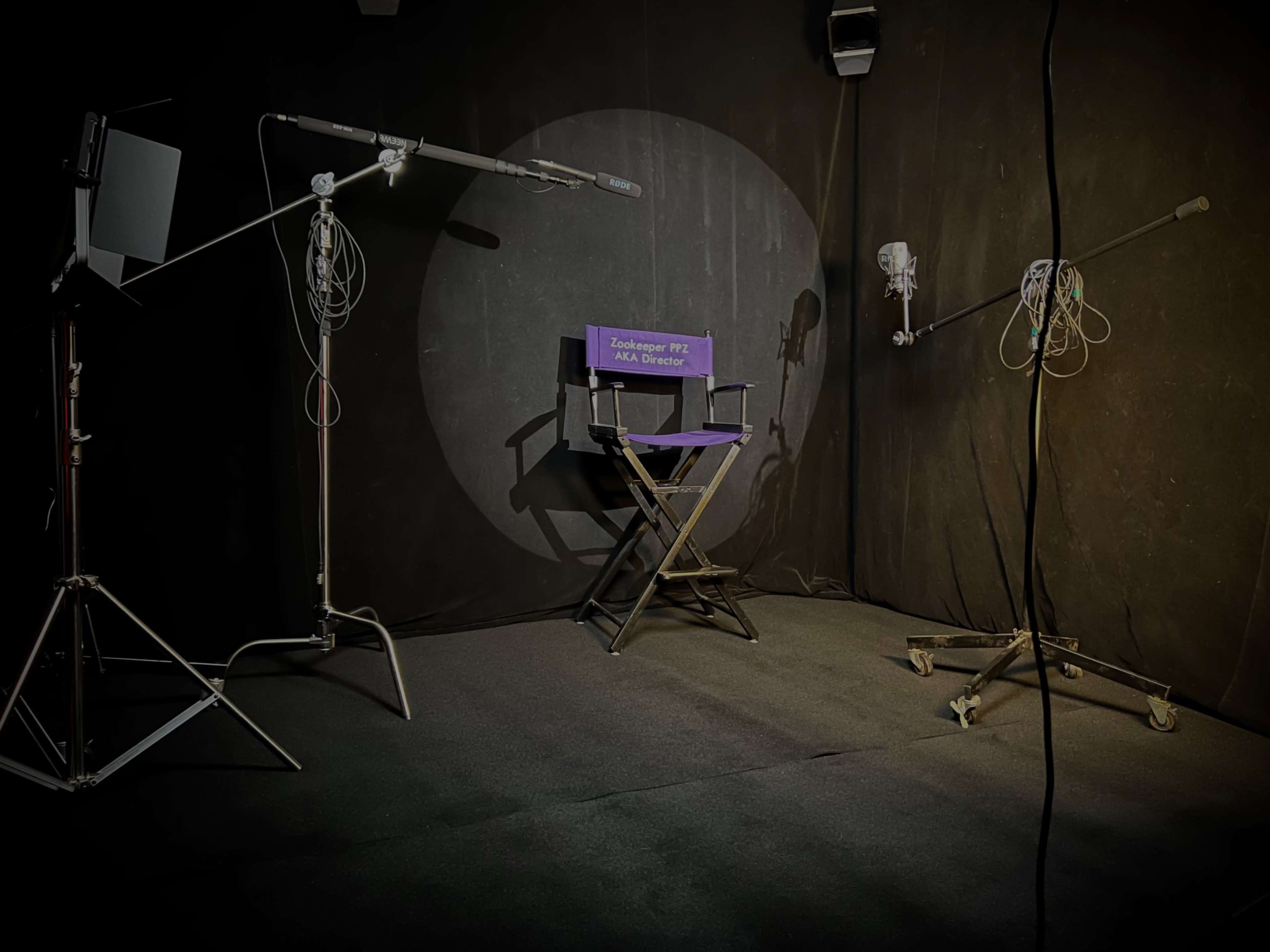 A dimly lit studio setup features a director's chair labeled "Zookanger PI" surrounded by microphones and lighting equipment.