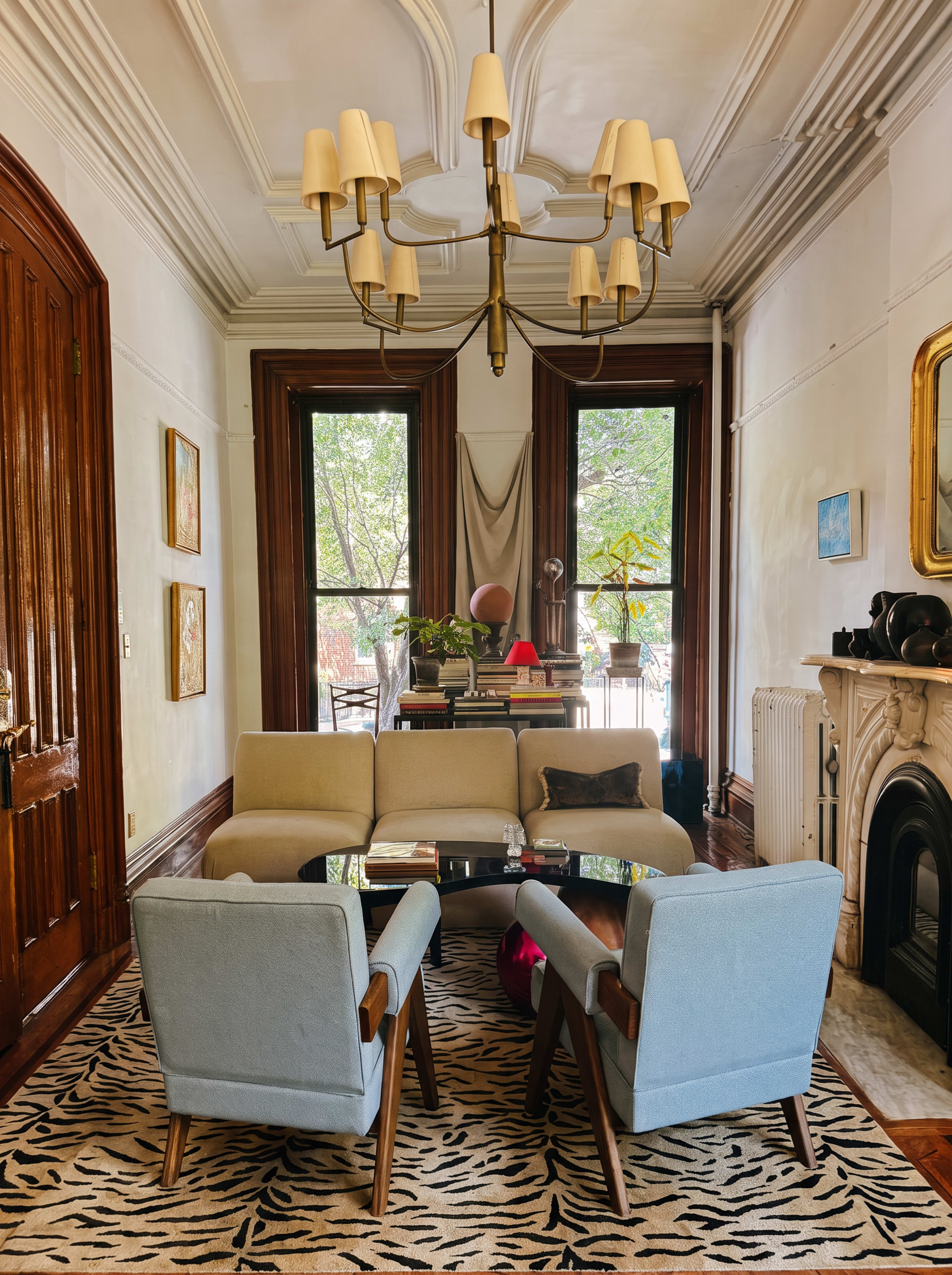 The image shows a well-furnished living room featuring a central sofa, two chairs, a coffee table, and a large chandelier, with windows offering natural light and decor including artwork on the walls.