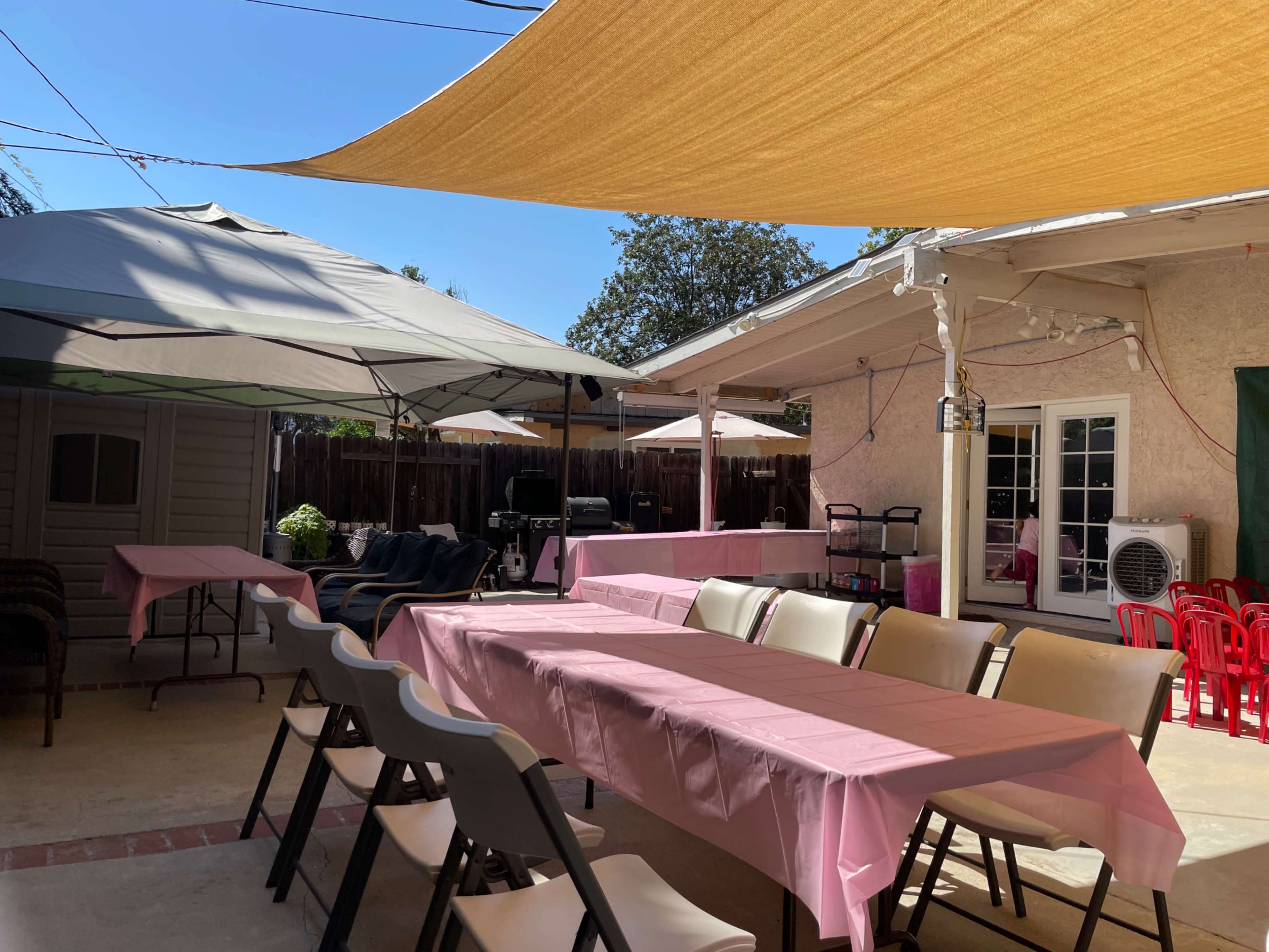 The scene features an outdoor gathering space with tables covered in pink cloth, shaded by large canopies, and surrounded by various seating arrangements and a grill.