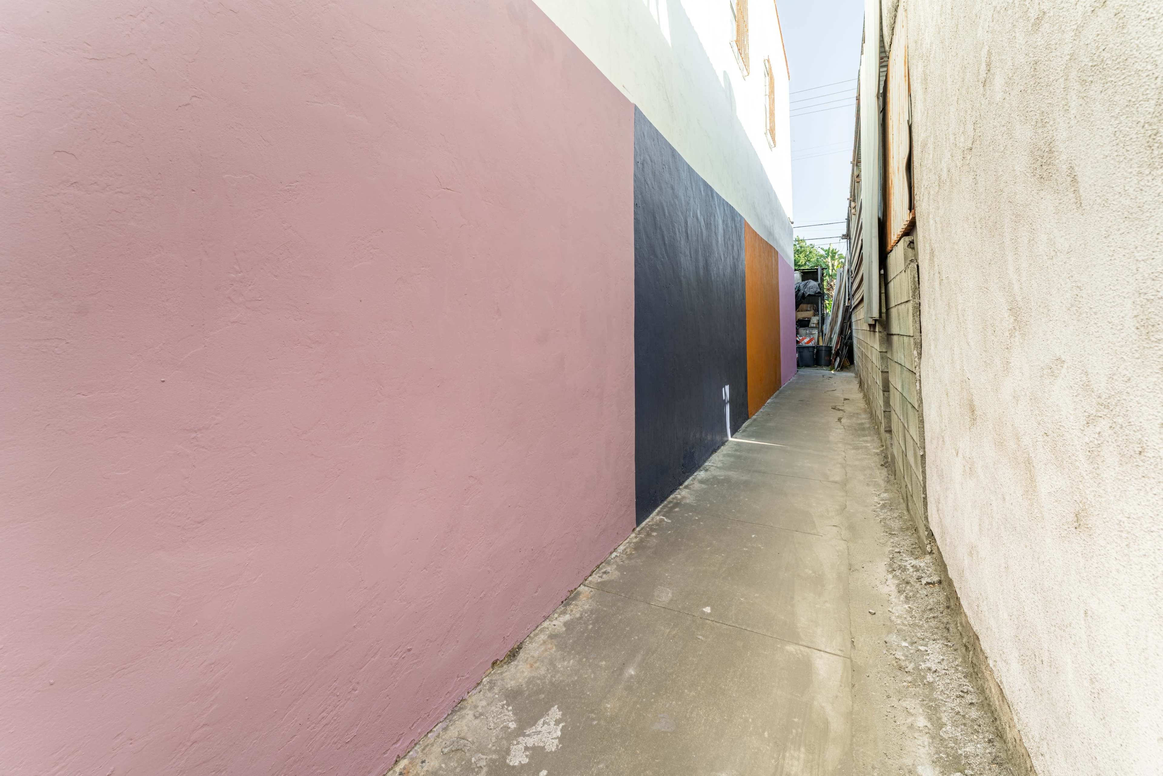 A narrow alleyway features walls painted in shades of pink and black, with a concrete path running through the center.