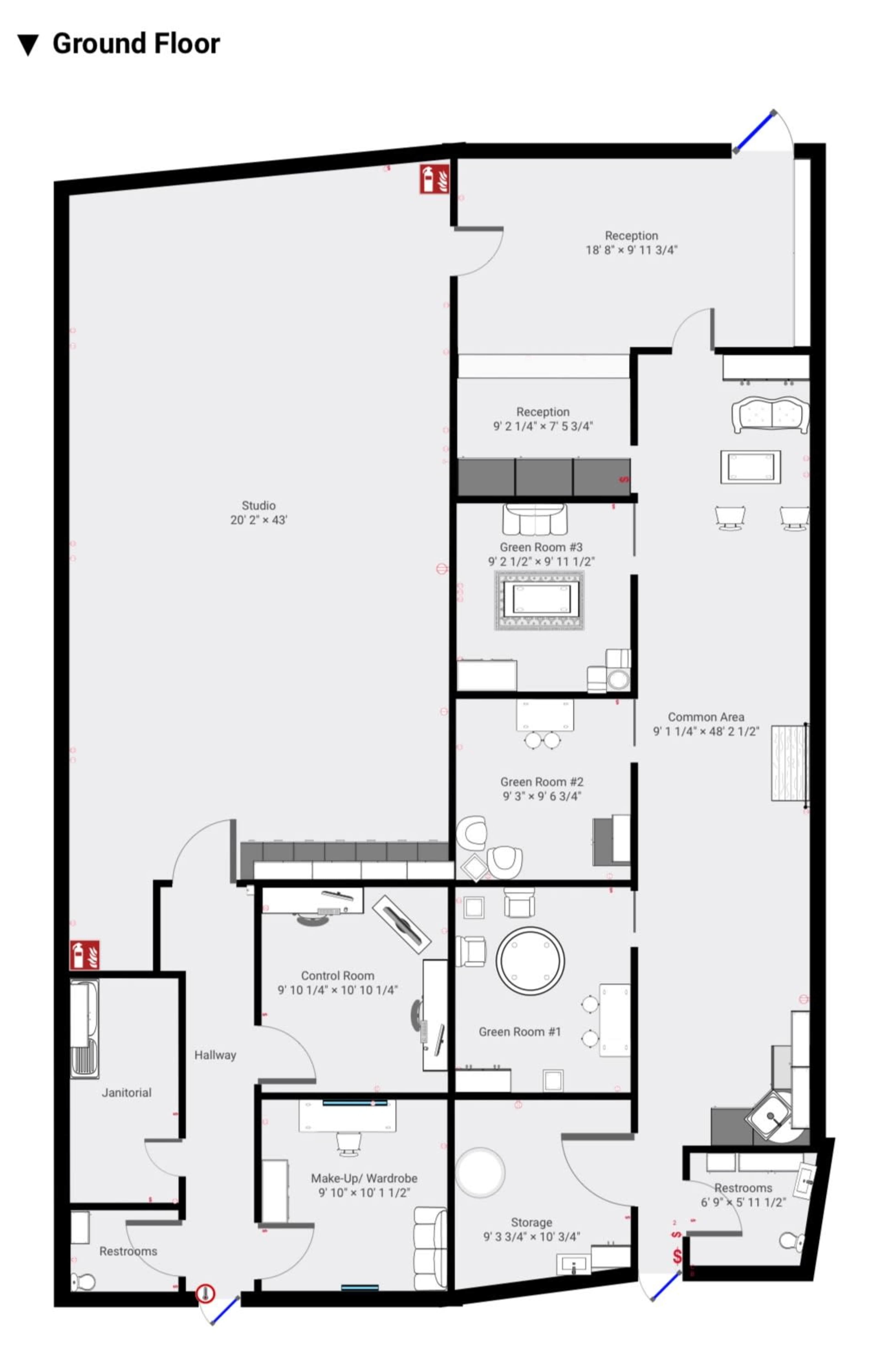 A floor plan of a ground floor layout, including labeled rooms such as a studio, reception areas, a control room, green rooms, a common area, and restrooms.