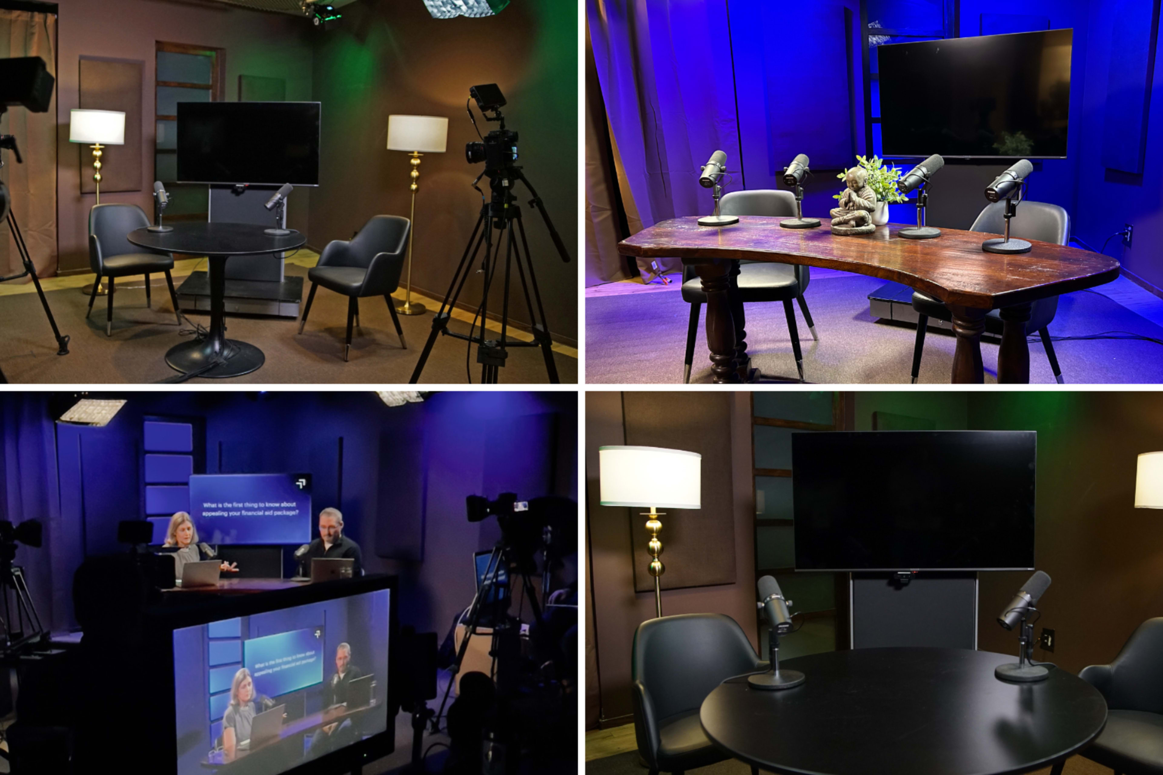 Four different setups for a studio or broadcasting space, featuring various arrangements of tables, chairs, cameras, and microphones under different lighting conditions.