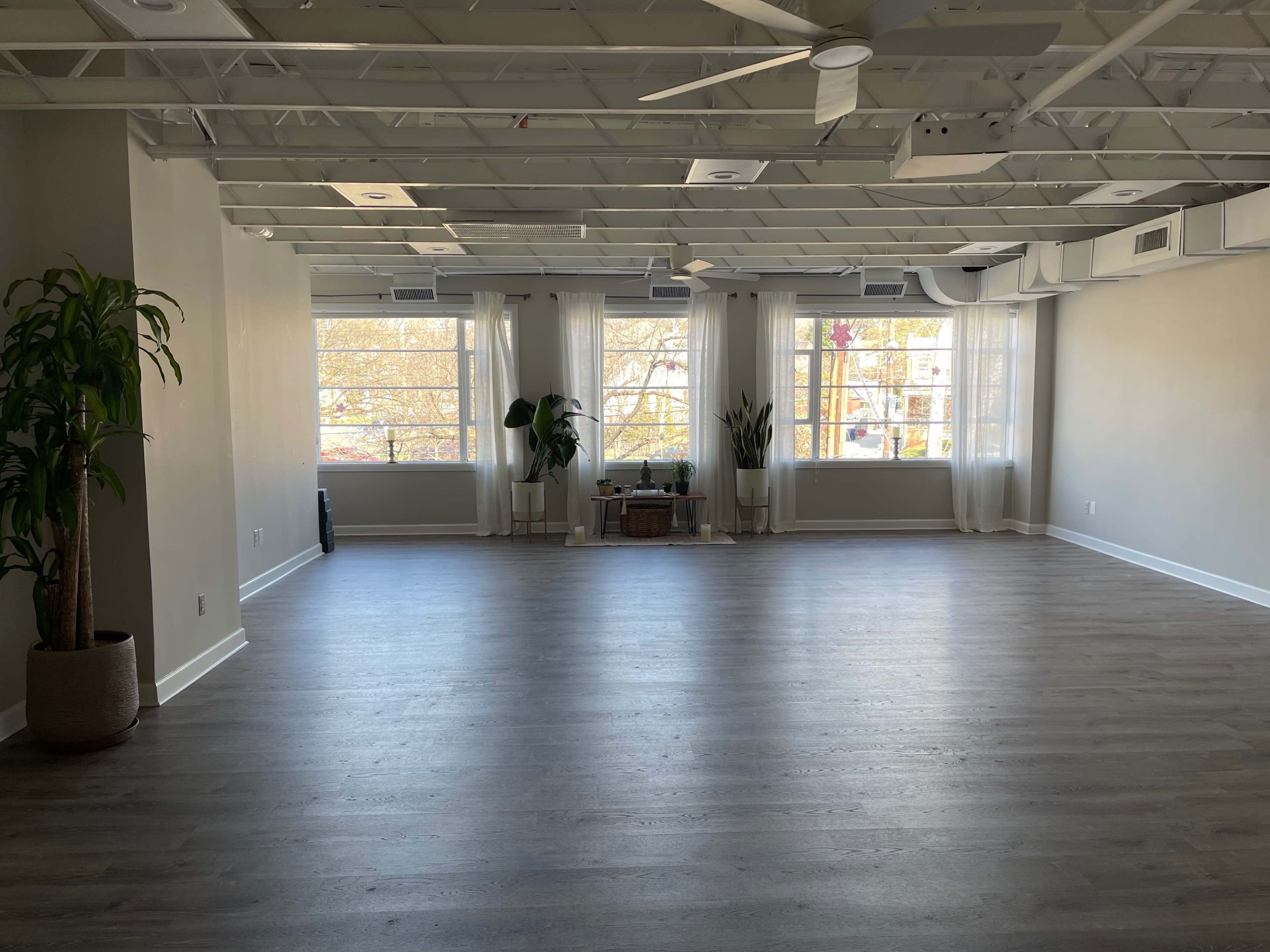 A spacious, well-lit interior room with large windows, wooden flooring, and a few potted plants.