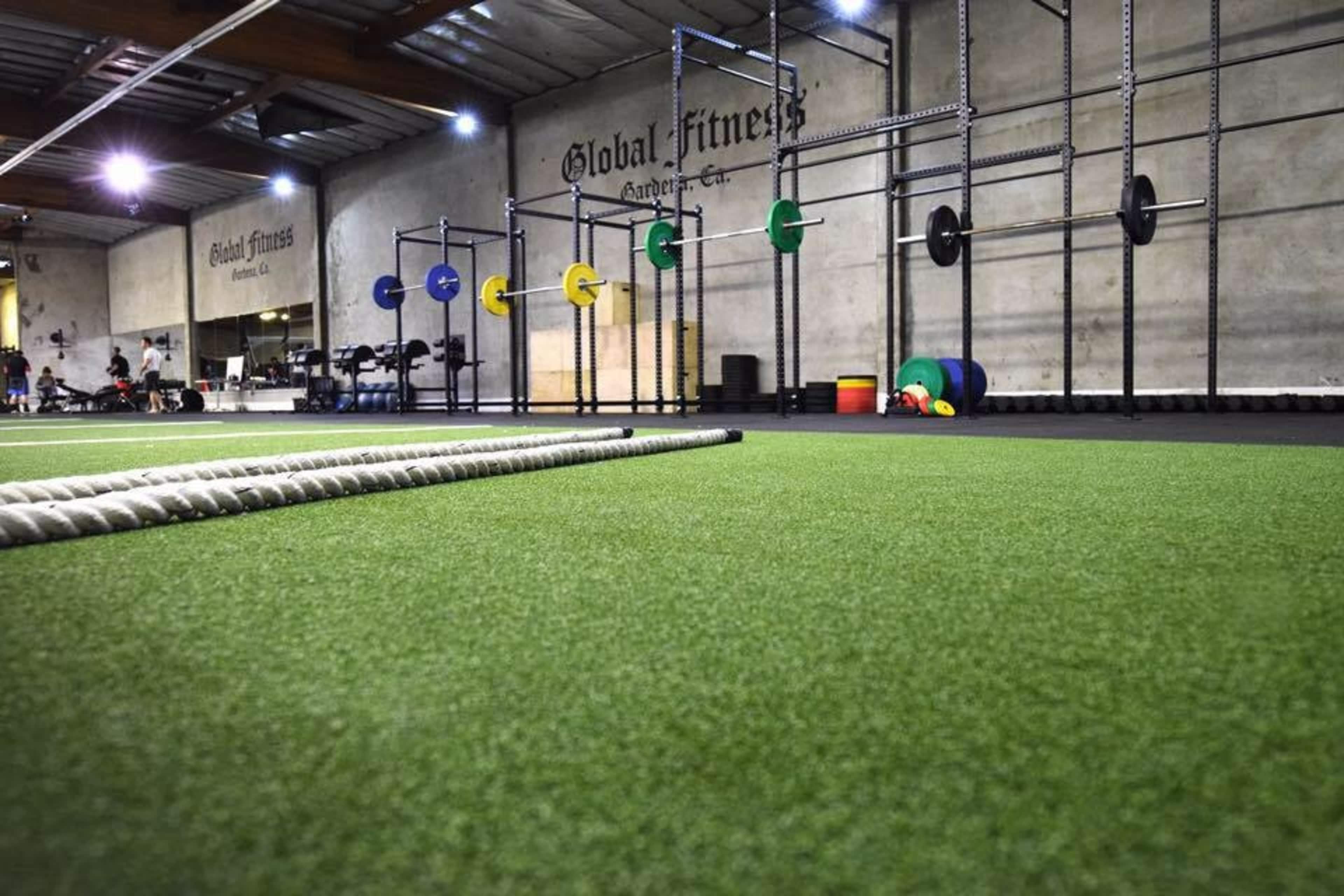 An indoor gym with artificial turf, weightlifting equipment, and various fitness accessories.