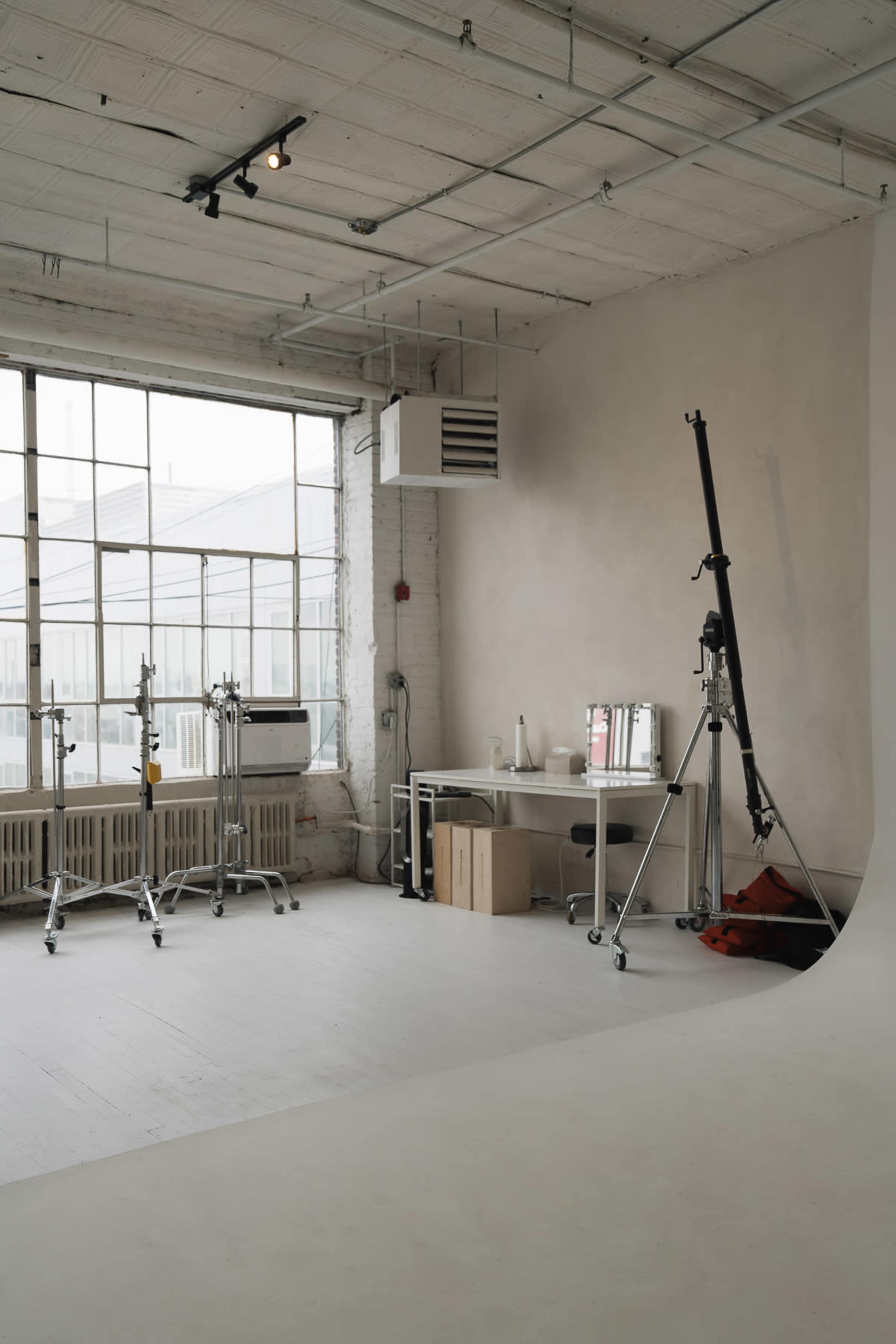 The image shows a photography studio with a white backdrop, a large window allowing natural light, and various equipment stands arranged in the space.