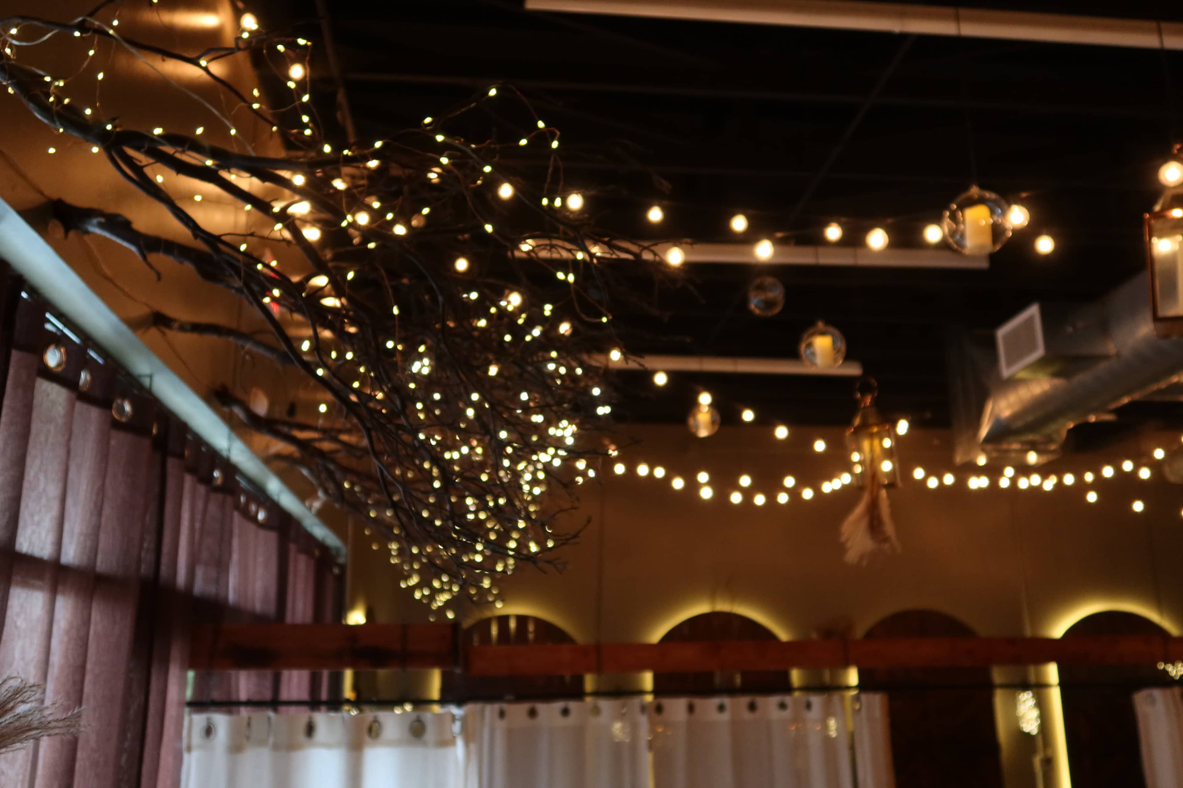 The image shows a decorated interior space with string lights, branches, and hanging ornamental elements.