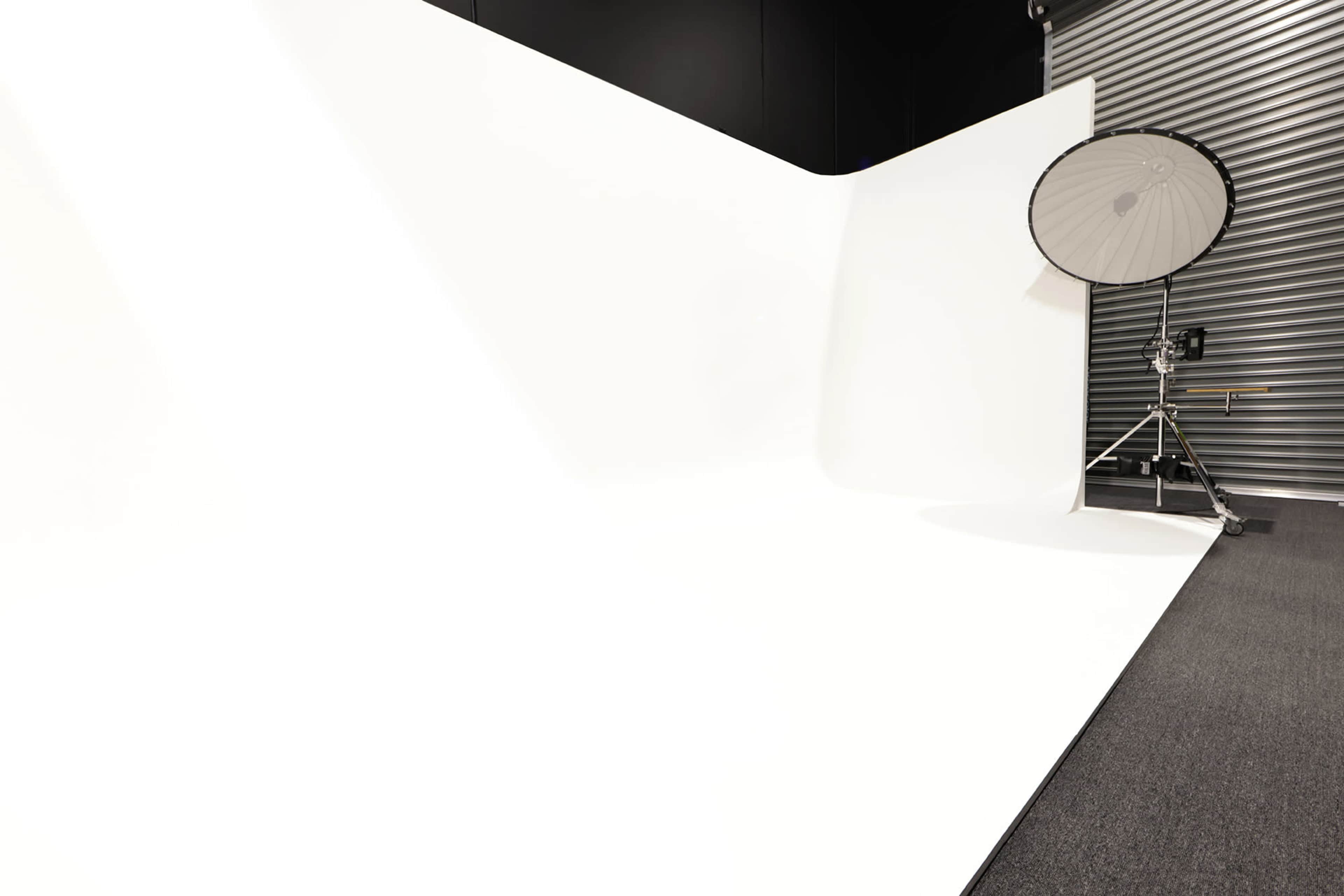 A well-lit photography studio featuring a white backdrop and a softbox light setup.