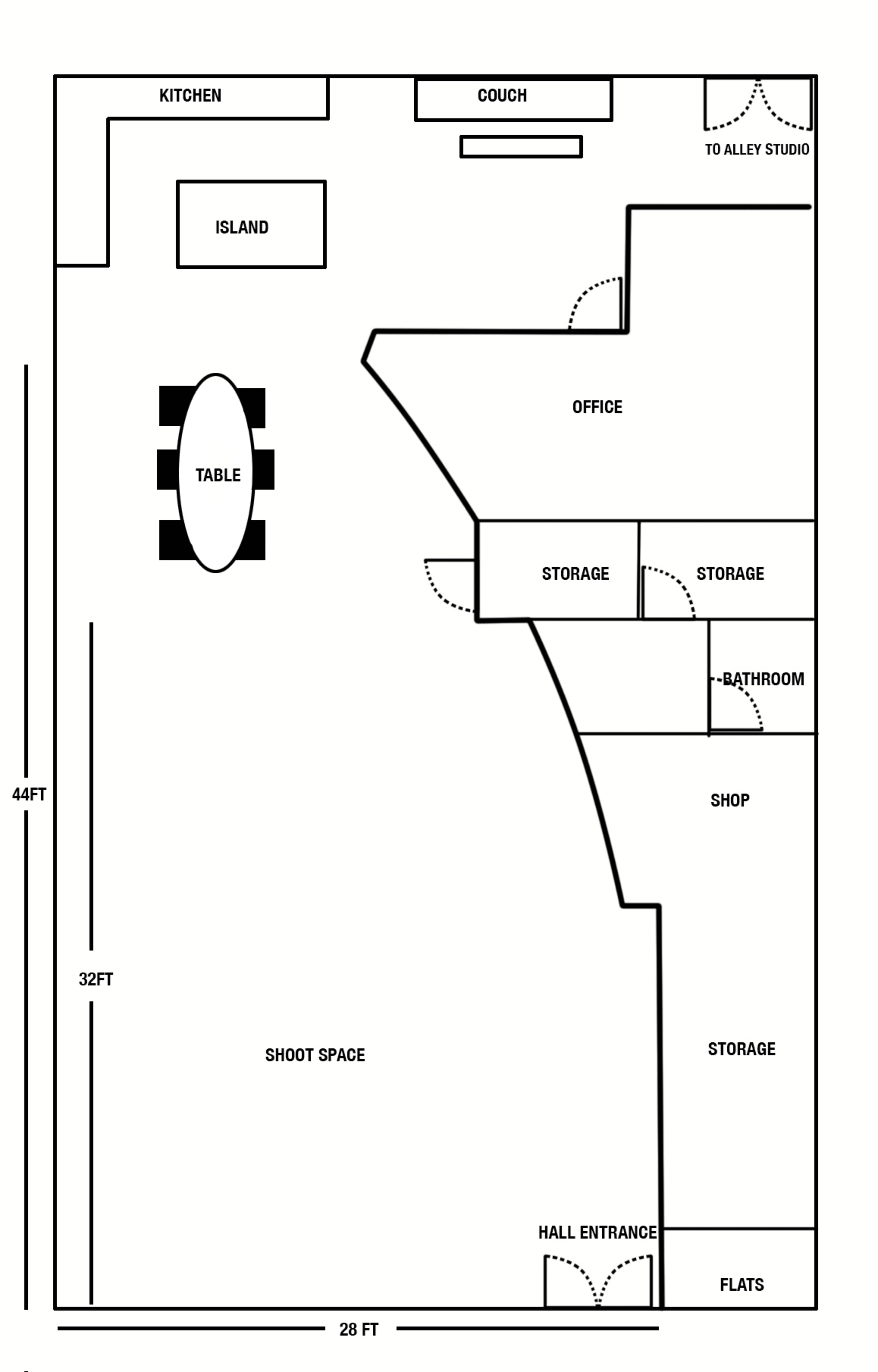 The diagram shows a floor plan of a space divided into a kitchen, couch area, office, storage rooms, bathroom, shop, and a designated shoot space, with dimensions indicated.