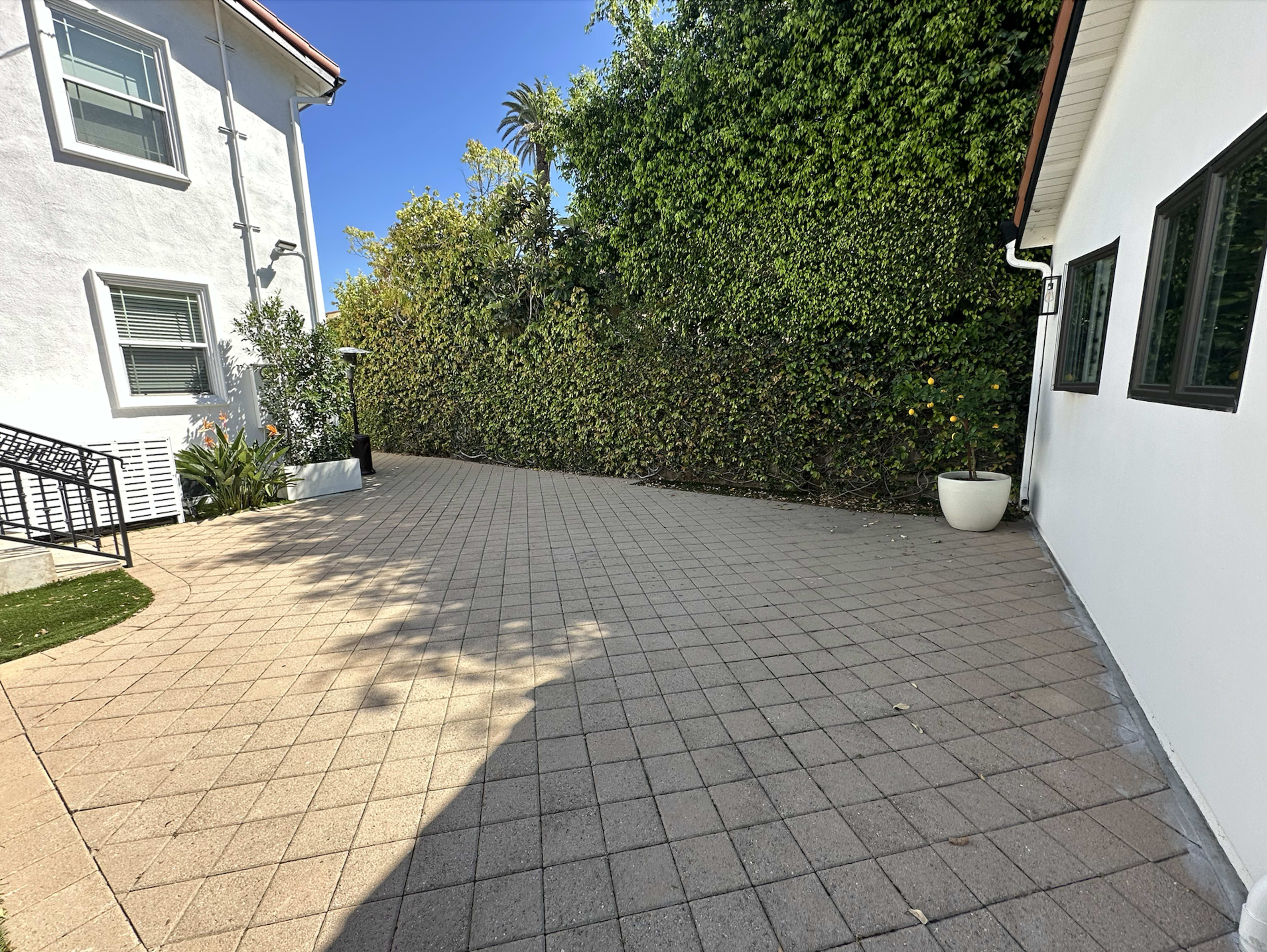 The image shows a paved outdoor area bordered by a lush green hedge and two white walls.