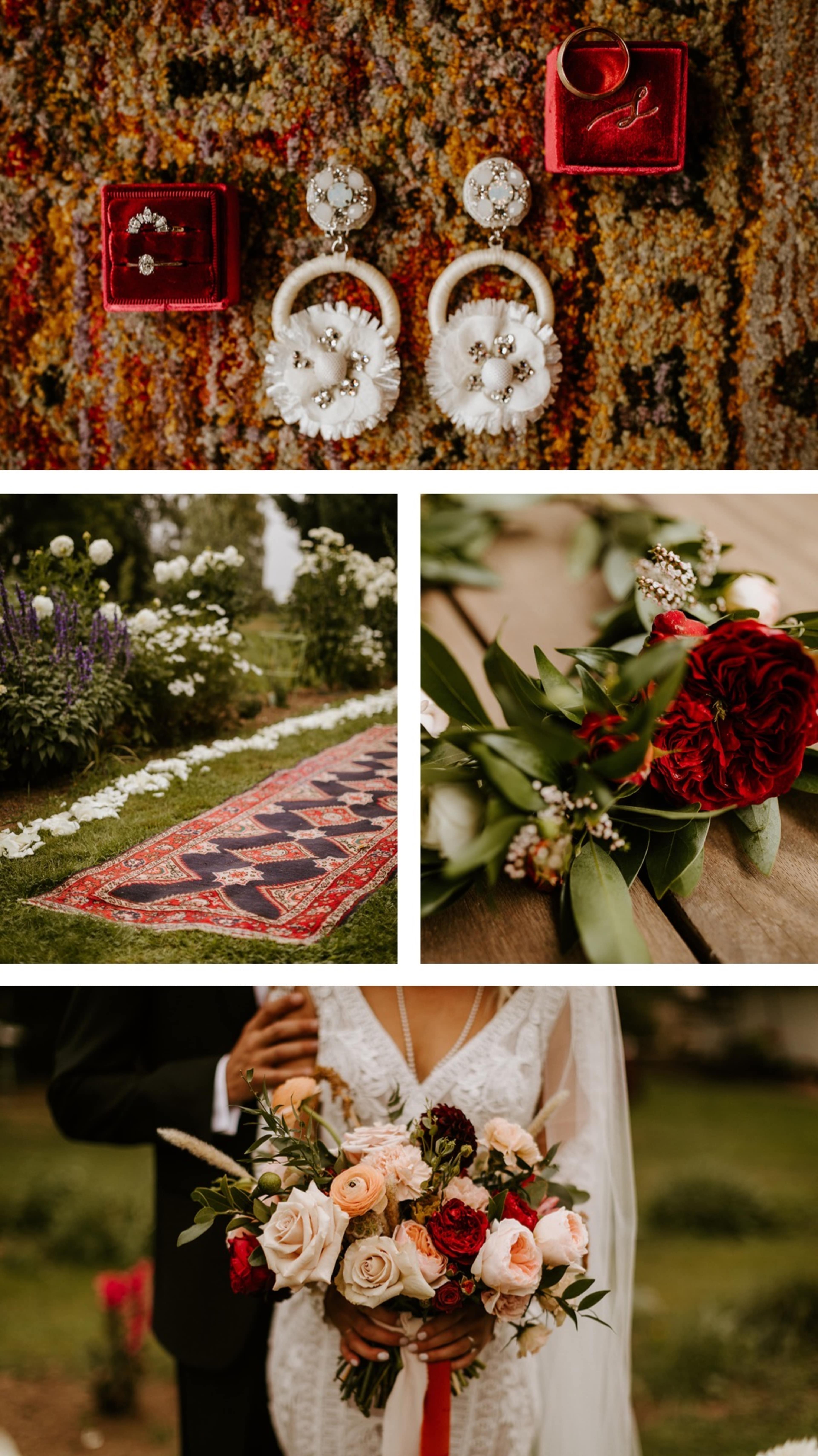 Wedding-related items, including jewelry, a decorated pathway, and a bridal bouquet on a wooden surface.