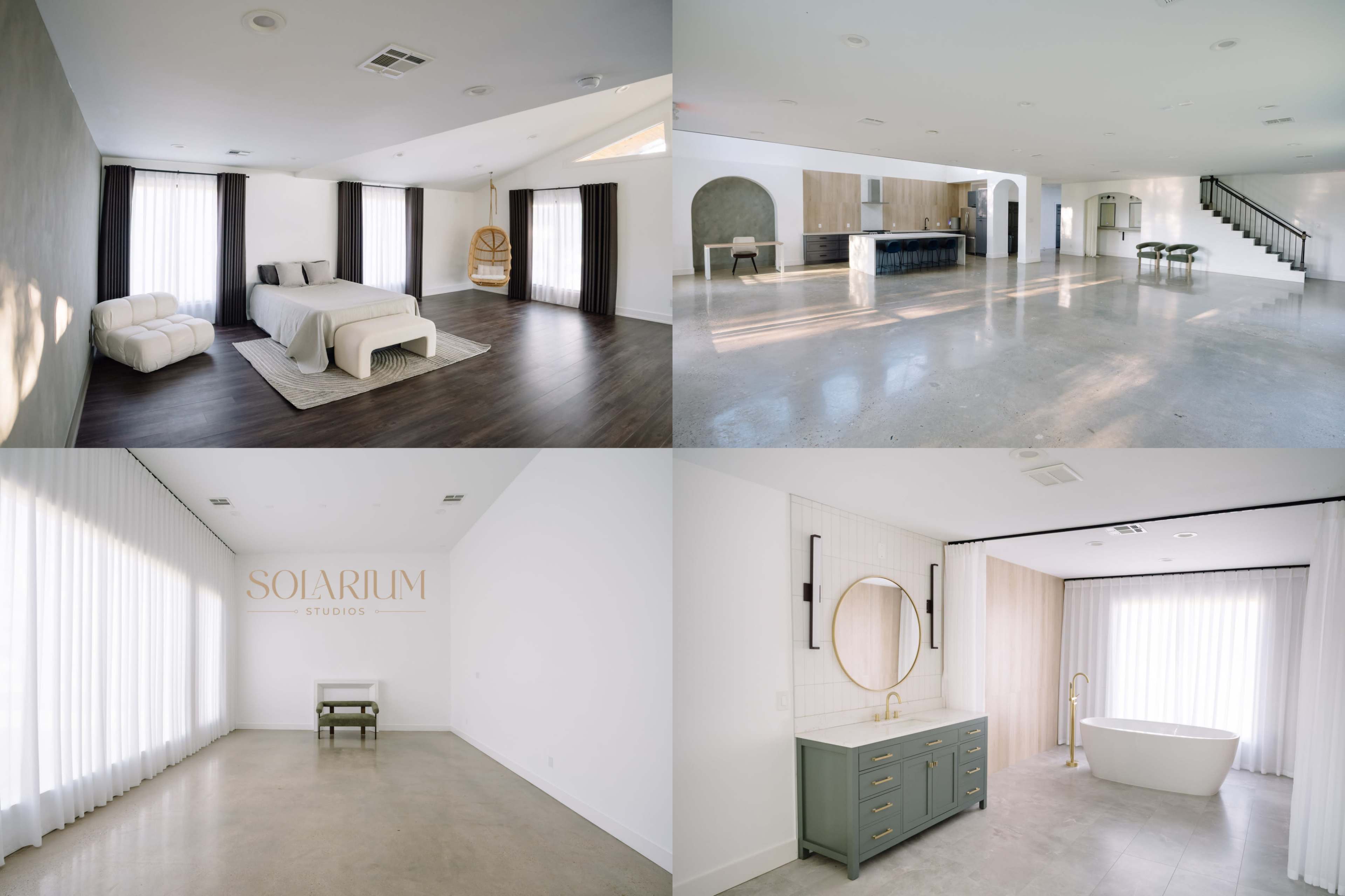 The image showcases a modern, spacious interior featuring a bedroom with a bed and seating area, a large open living space with a staircase, a minimalist bathroom with a freestanding tub, and a corner studio branding itself as "SOLARIUM STUDIOS."