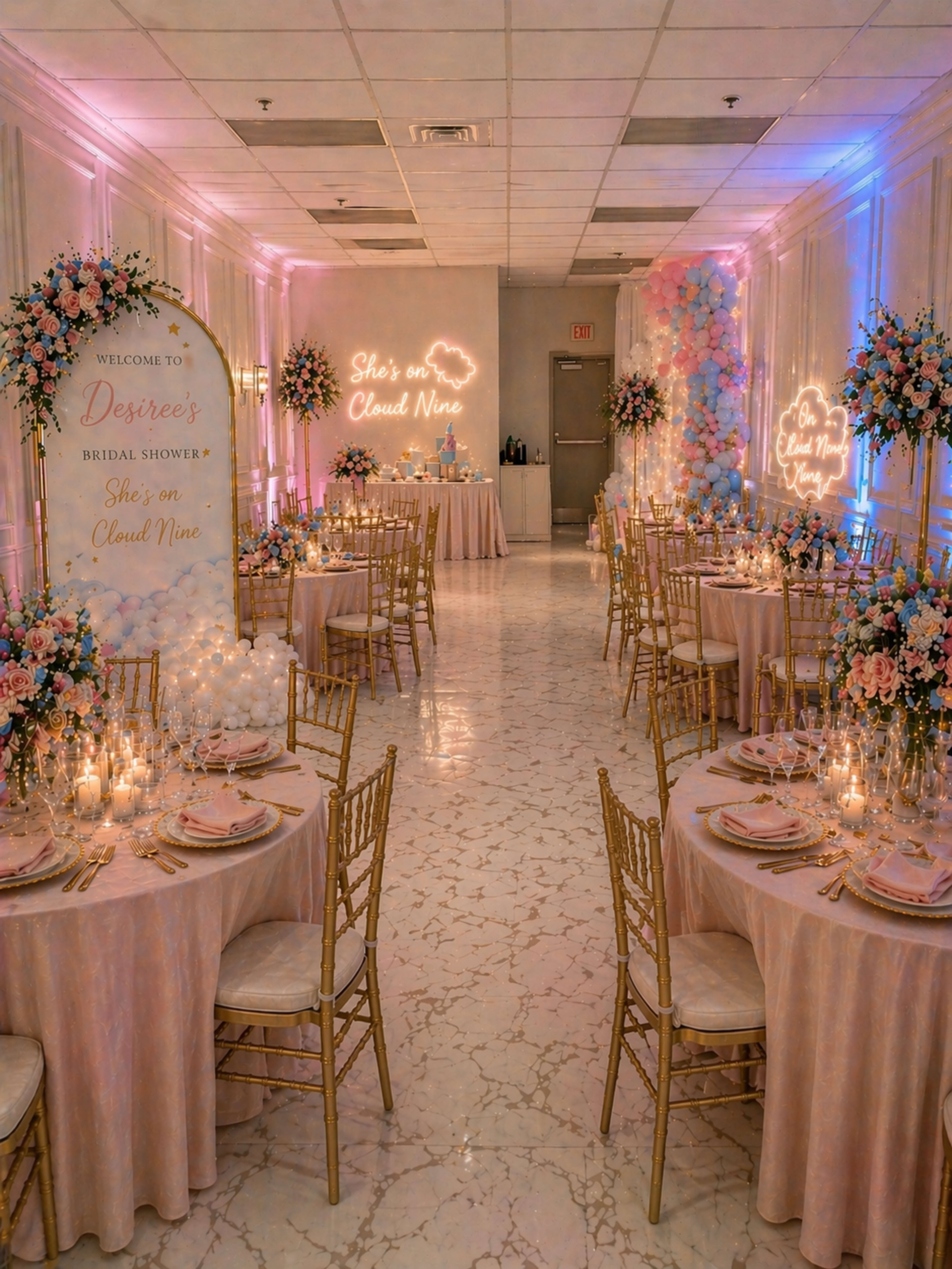 The image showcases a beautifully decorated event space for a bridal shower, featuring round tables with pink tablecloths, floral arrangements, and elegant signage.