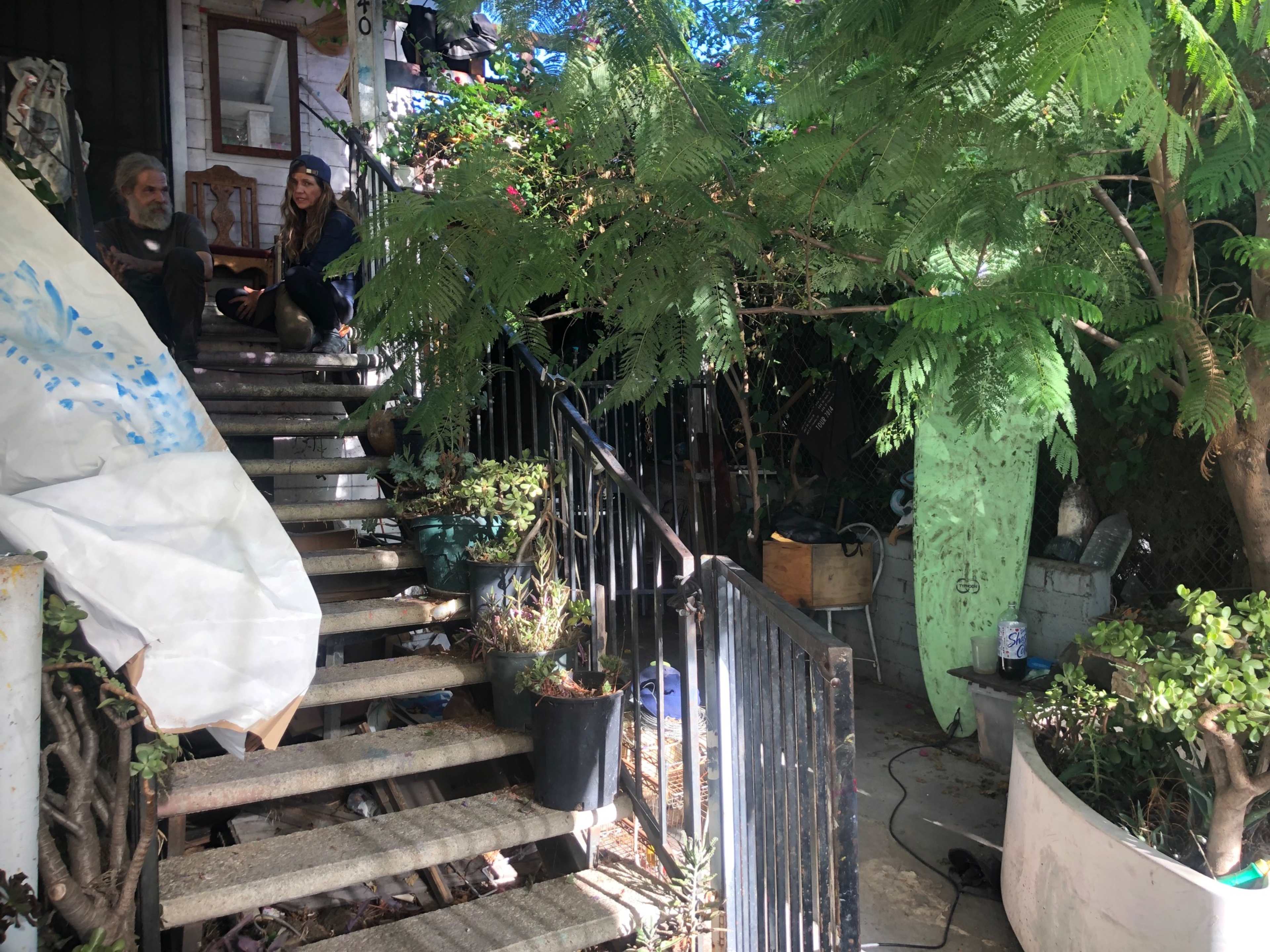 A man and a woman sit on the steps of a house surrounded by lush greenery and potted plants.