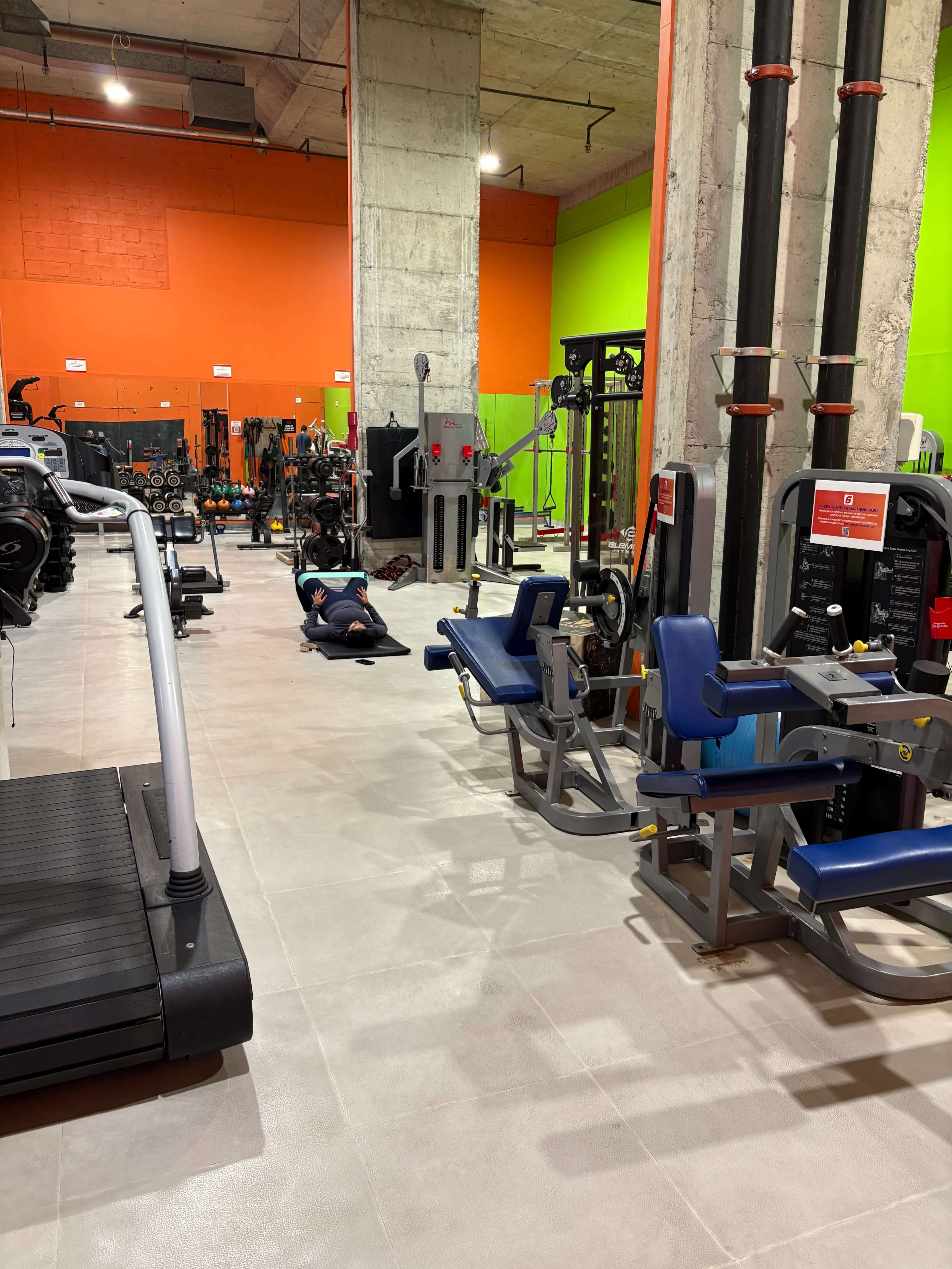 The image shows a gym interior with various fitness equipment, including treadmills and weight machines, against brightly colored walls.