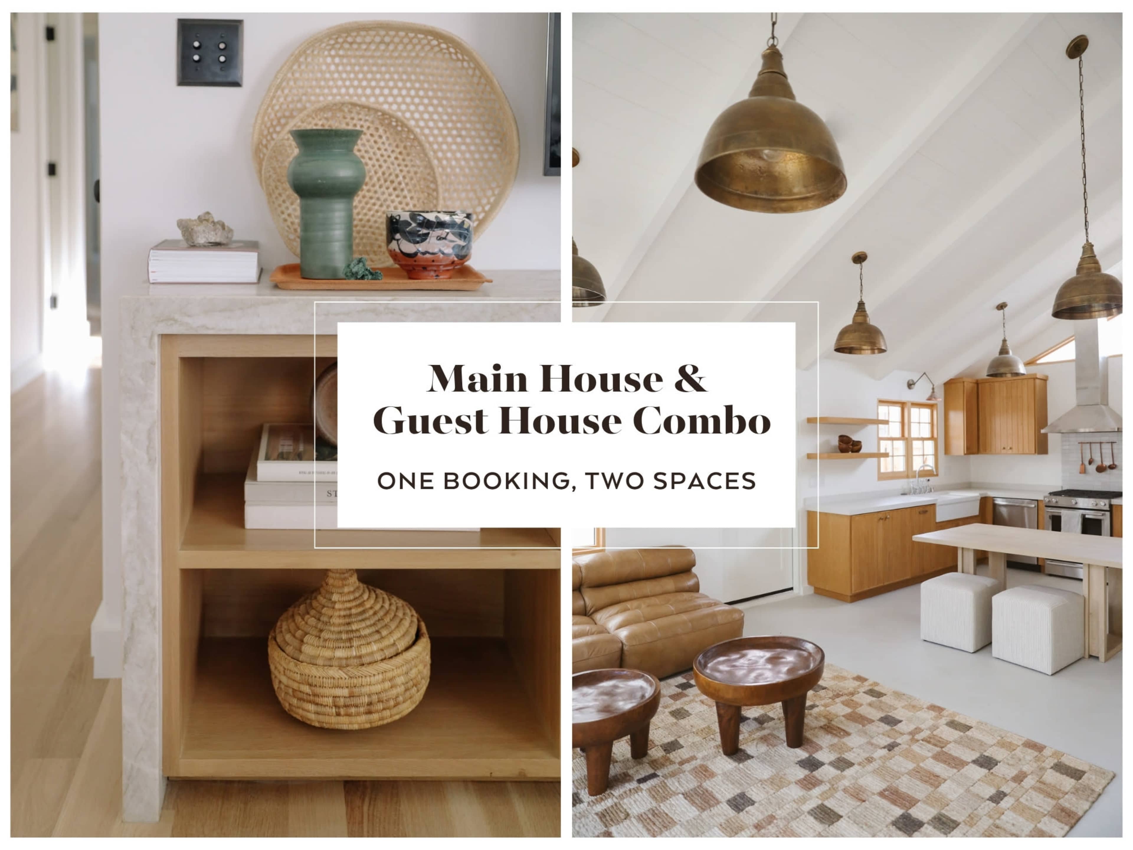 The image features a split scene showcasing an interior with a minimalist living room and kitchen setup, highlighting a seamless blend of natural materials and modern design elements.