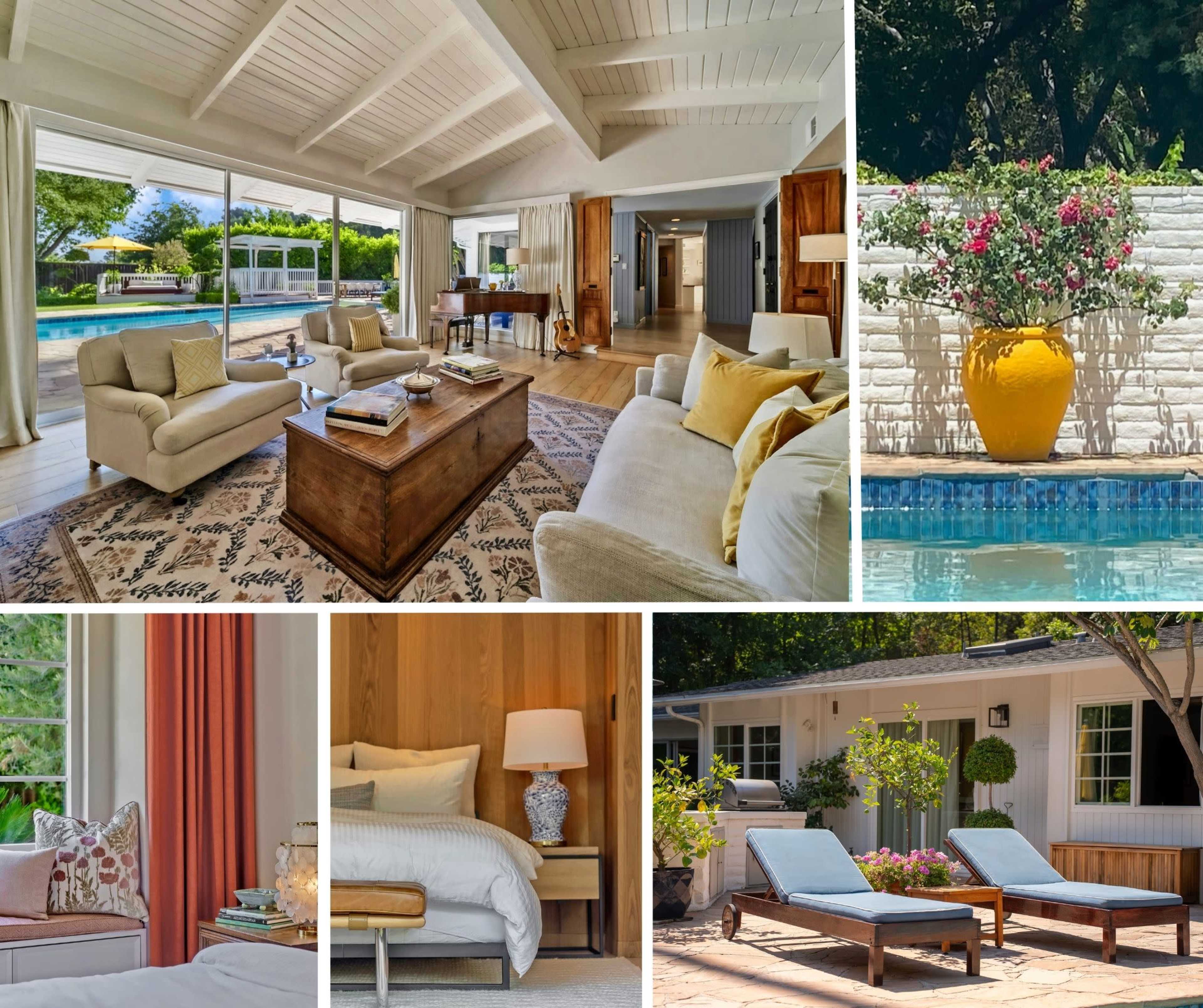 The image showcases a bright, open living space with comfortable furniture, a pool area, a vibrant yellow vase, and an inviting outdoor seating arrangement.