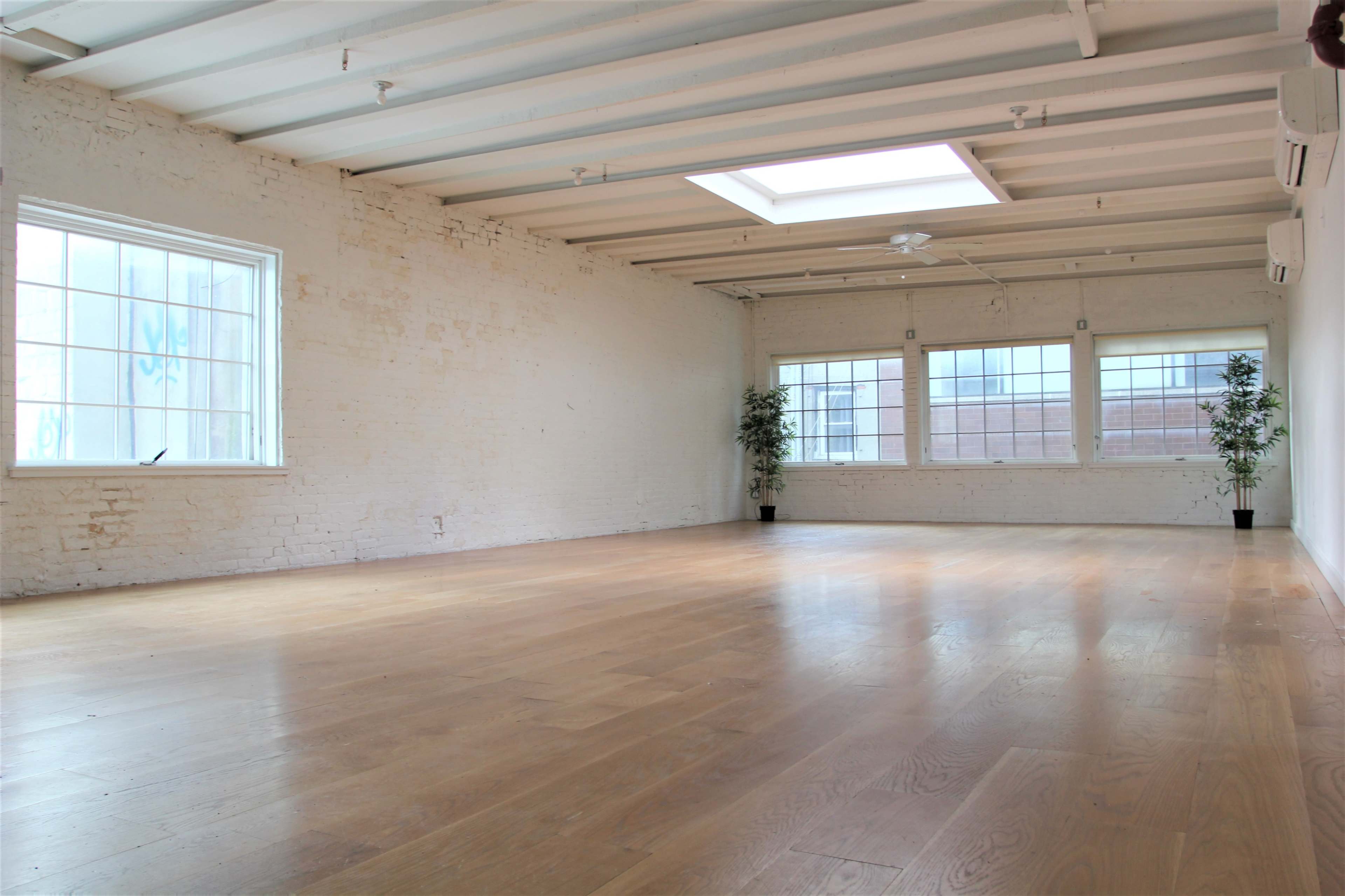 An empty room with white brick walls, a skylight, wooden flooring, and two potted plants near the windows.