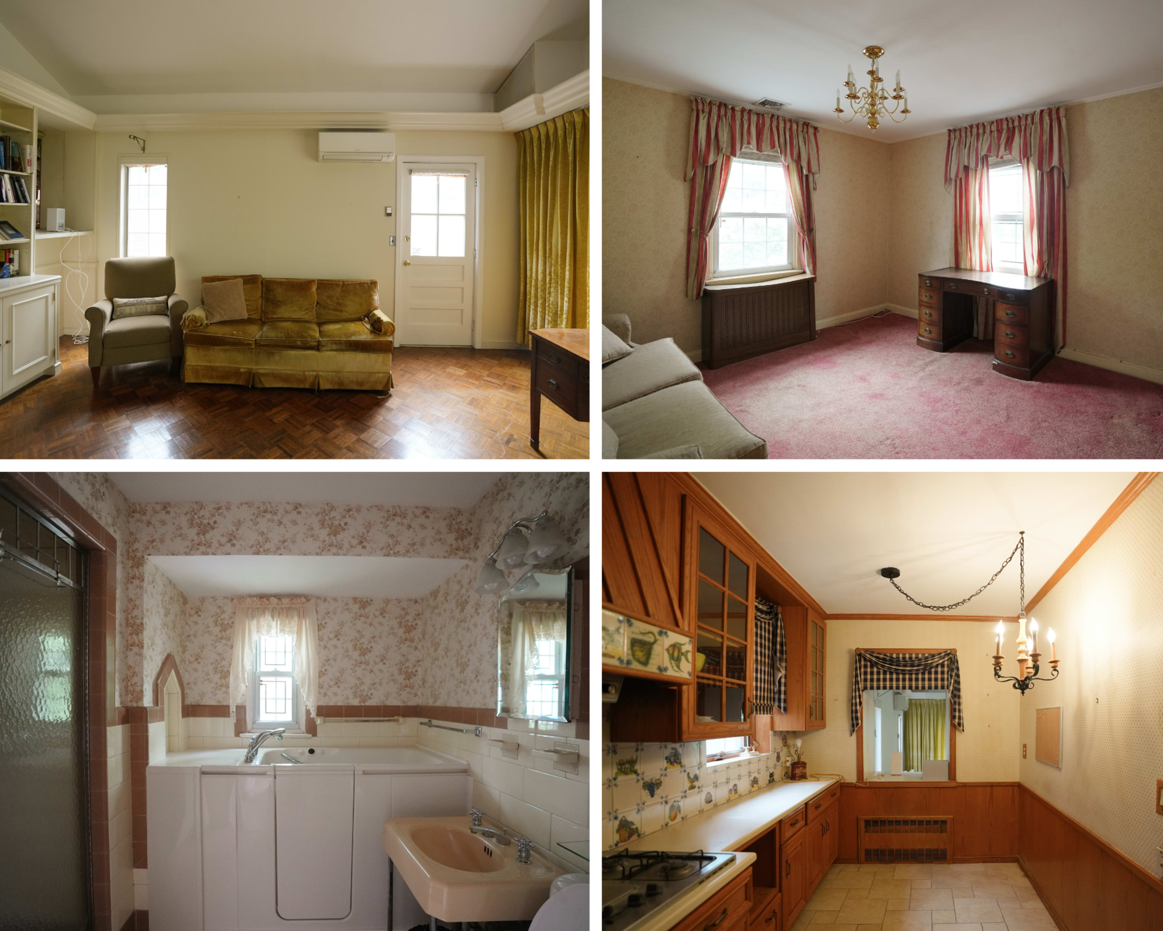 The image features four sections showcasing different rooms of a house, including a living room with a sofa, a bedroom with a desk, a laundry area with a sink, and a kitchen with wooden cabinetry.