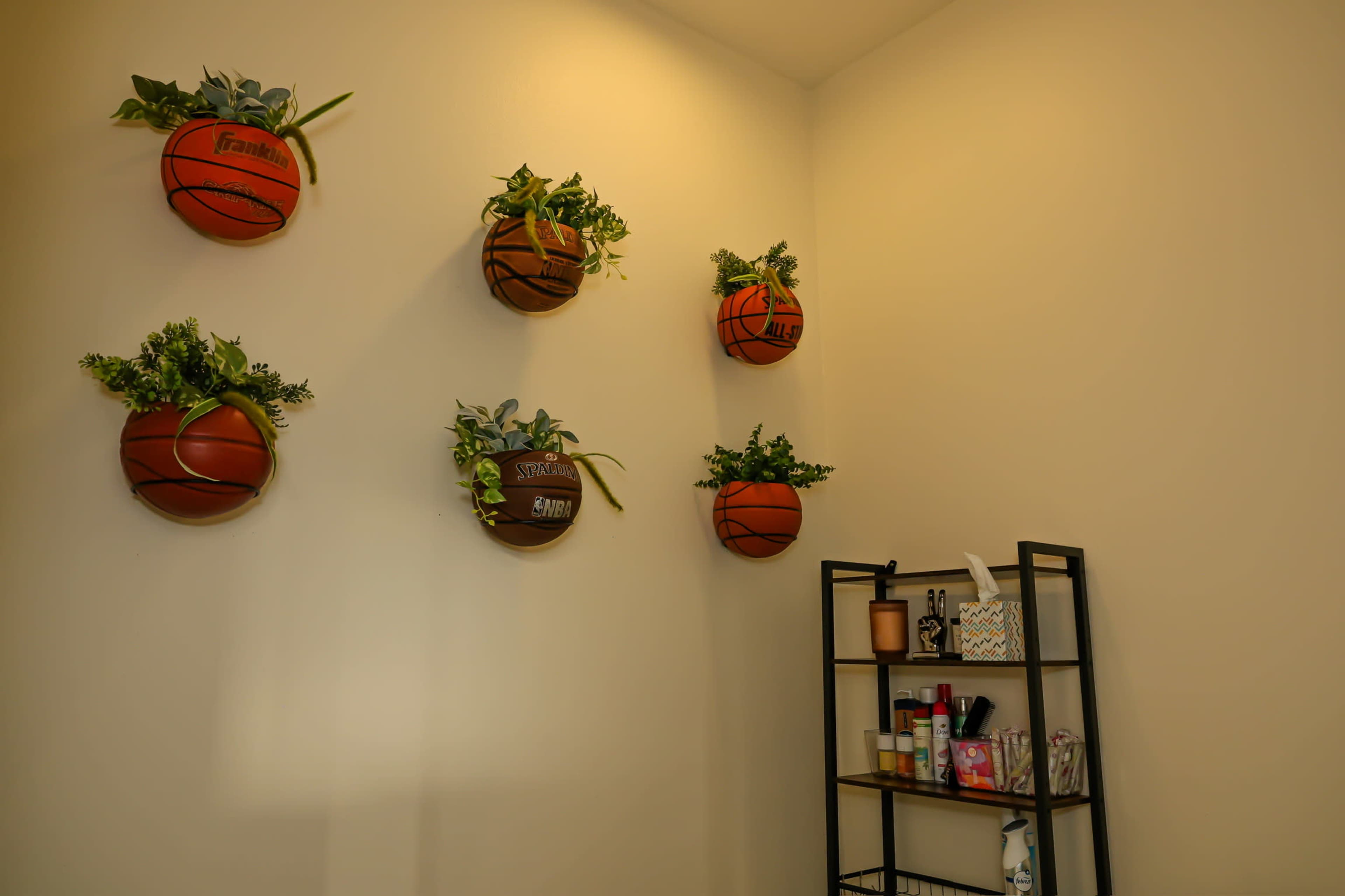 The image shows a wall with six basketballs mounted as planters, each containing greenery, beside a black shelving unit filled with various personal care items.