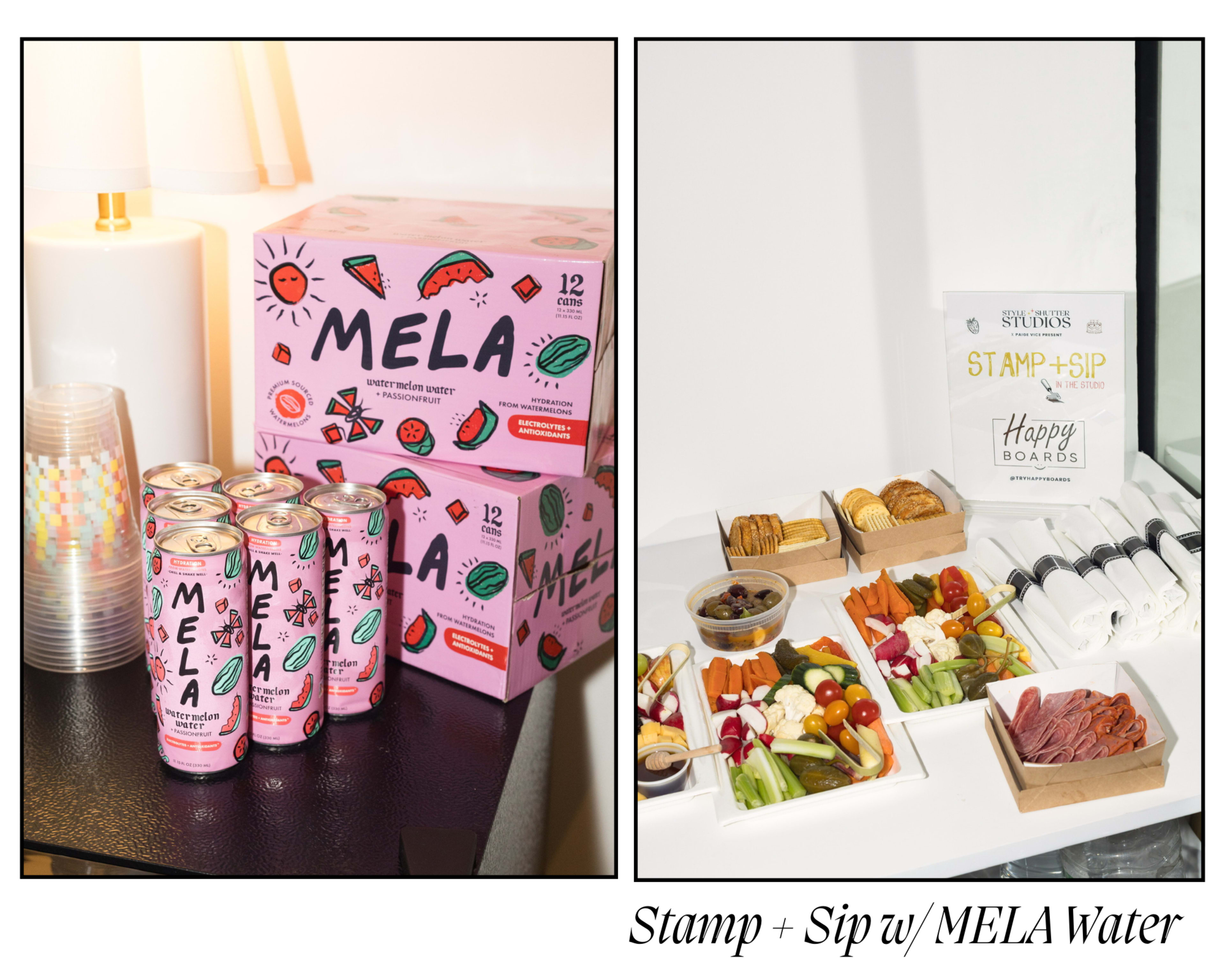 The image features a display of MELA Water products alongside a spread of snacks, including fruits, vegetables, and charcuterie, set in a bright, inviting setting.