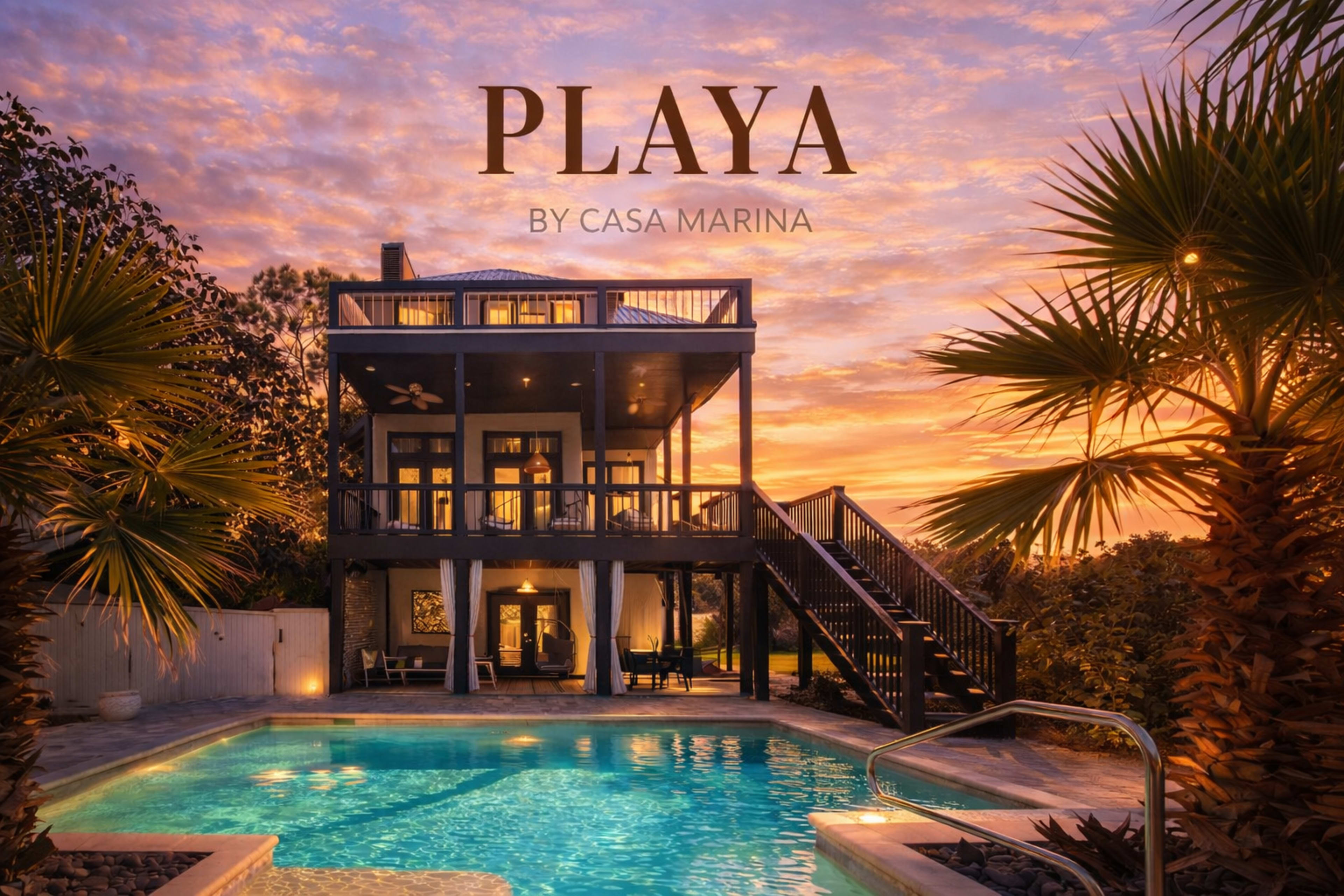 The image shows a modern house with a two-story design, a swimming pool in front, and palm trees surrounding it, set against a colorful sunset sky.