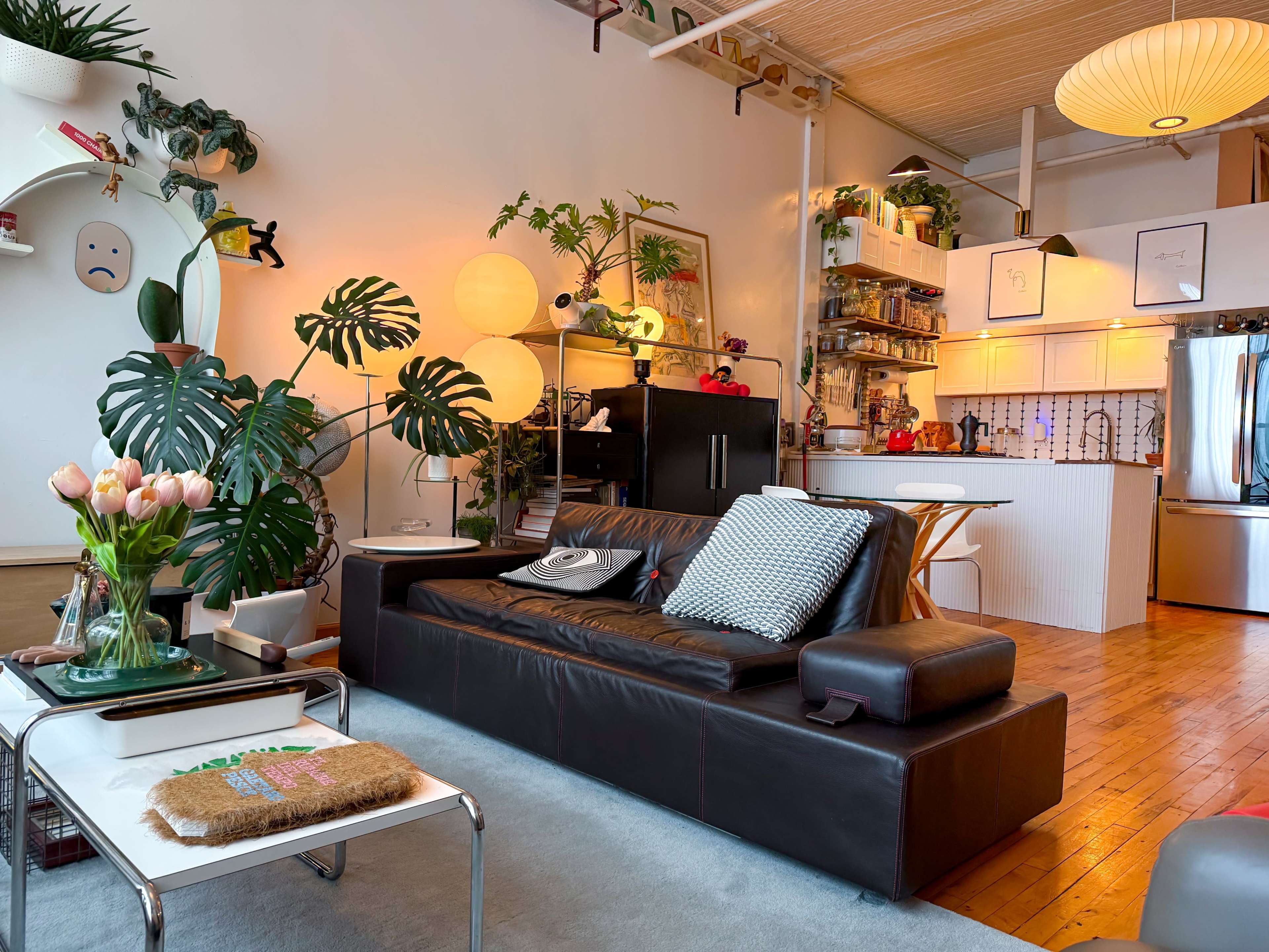 The image shows a modern living room with a black leather sofa, a coffee table adorned with flowers, and various plants and decorative items surrounding a kitchen area.