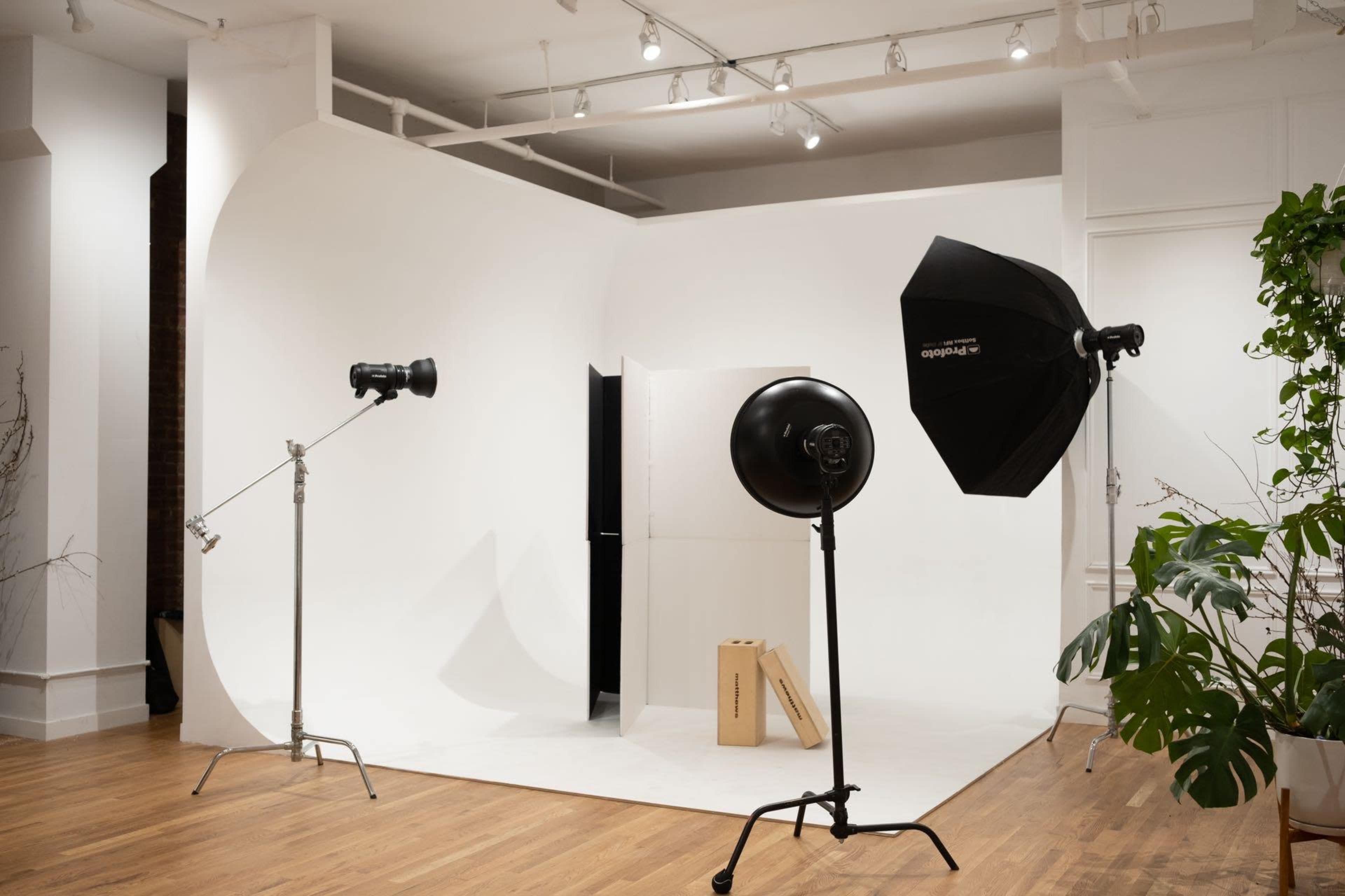 The image shows a minimalist photography studio with a white backdrop, lighting equipment, and a few plants.