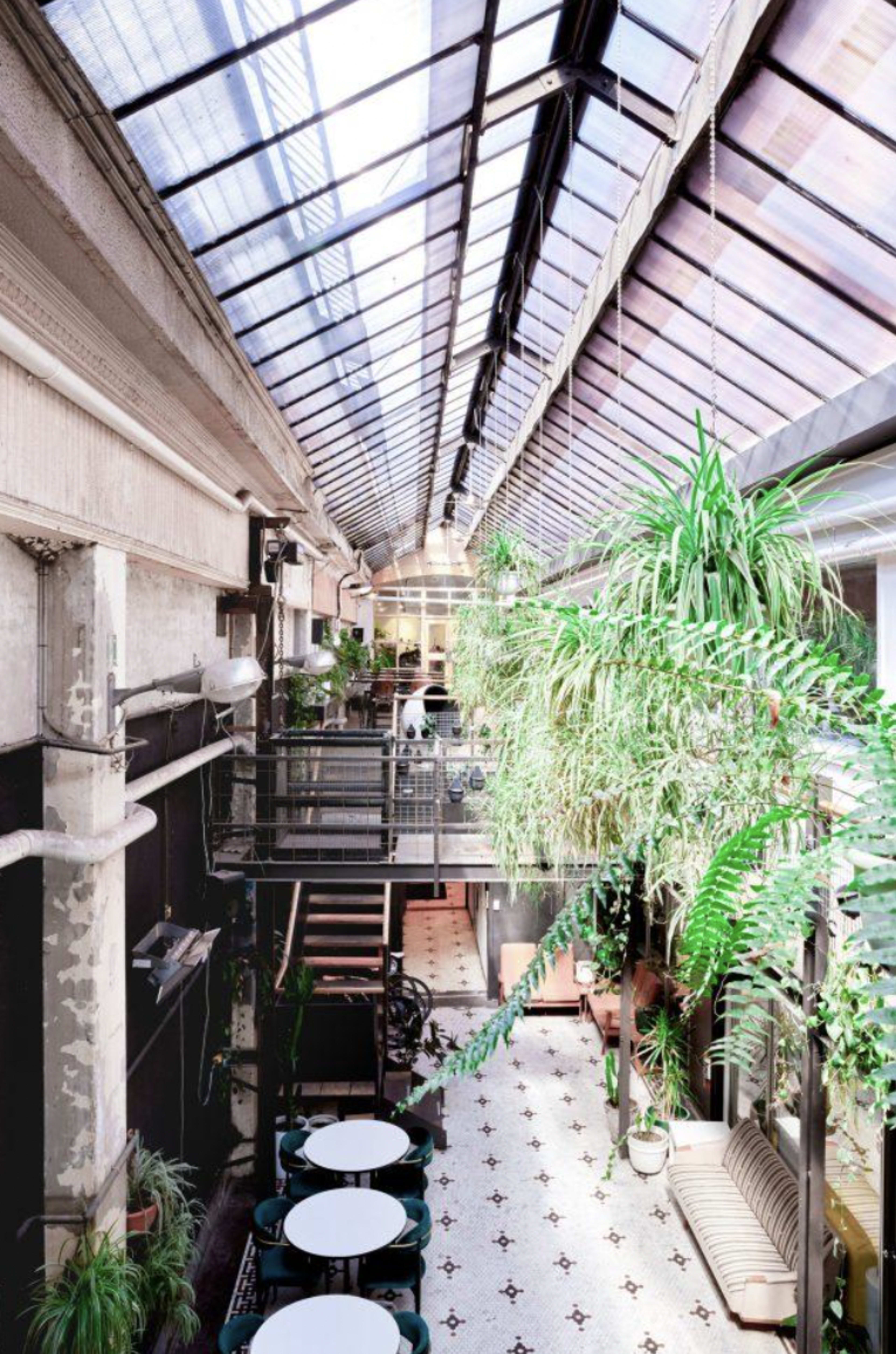 The image shows a long, narrow indoor space featuring a glass roof, lush greenery, and tables arranged along a patterned floor.