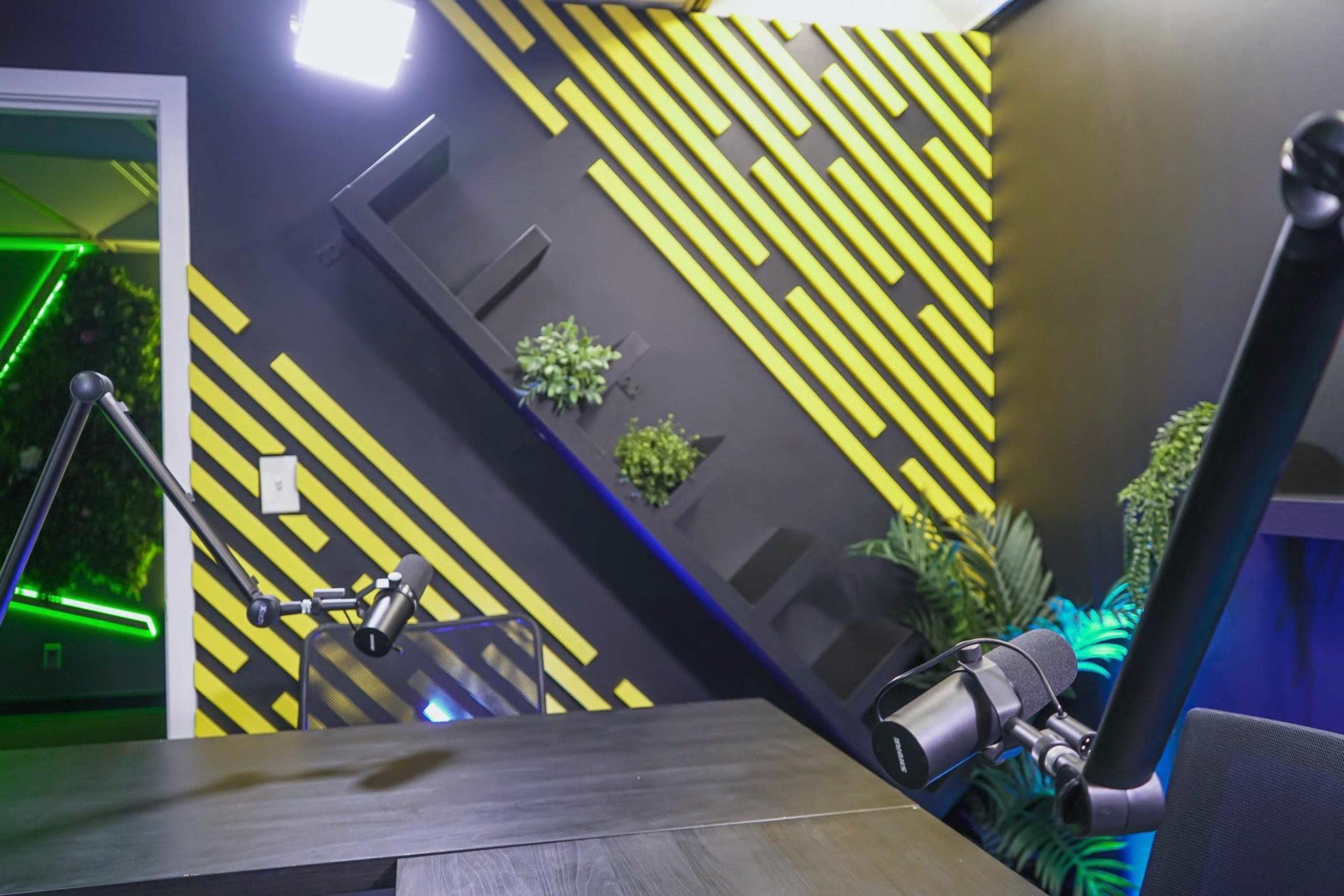 The image shows a modern recording studio with a black desk, yellow-striped wall décor, and plants arranged on a slanted shelf.