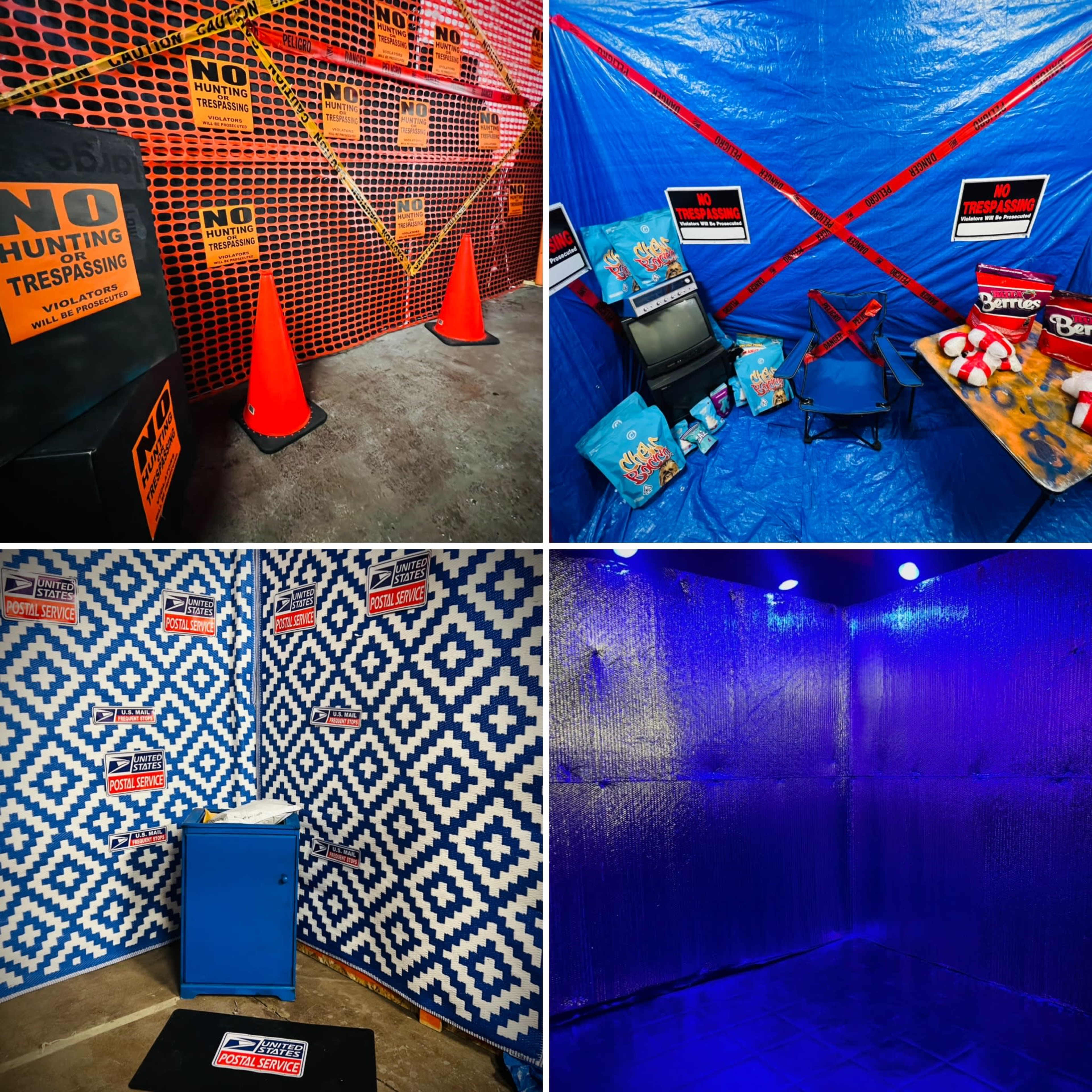 The image shows four separate areas with different scenes: an area behind orange safety cones and caution tape, a blue tarped space with signs and snacks, a blue patterned wall with a cooler, and a dimly lit room with an illuminated floor.