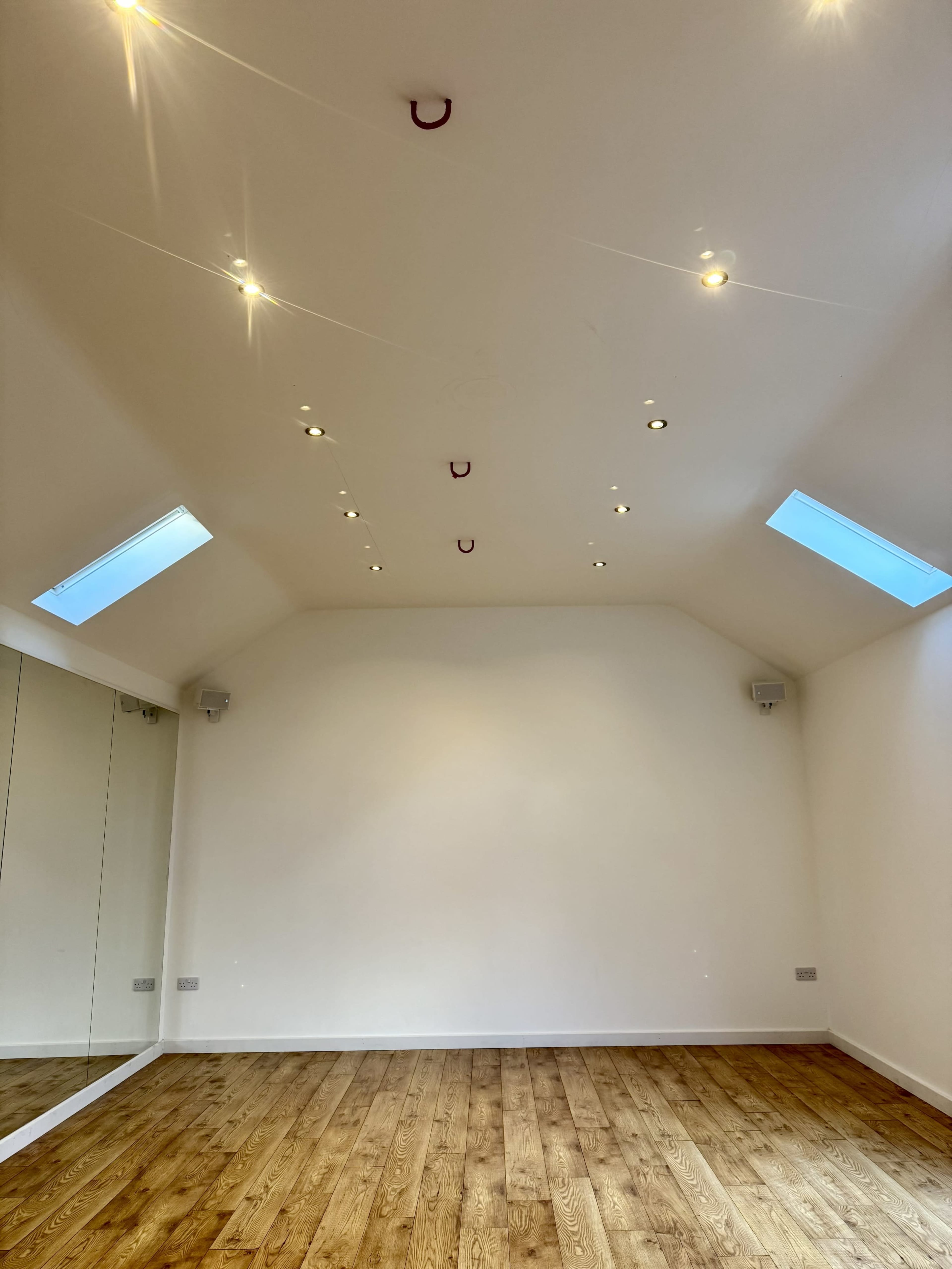 The room features a wooden floor, recessed ceiling lights, and two skylights, with a mirrored wall on one side.