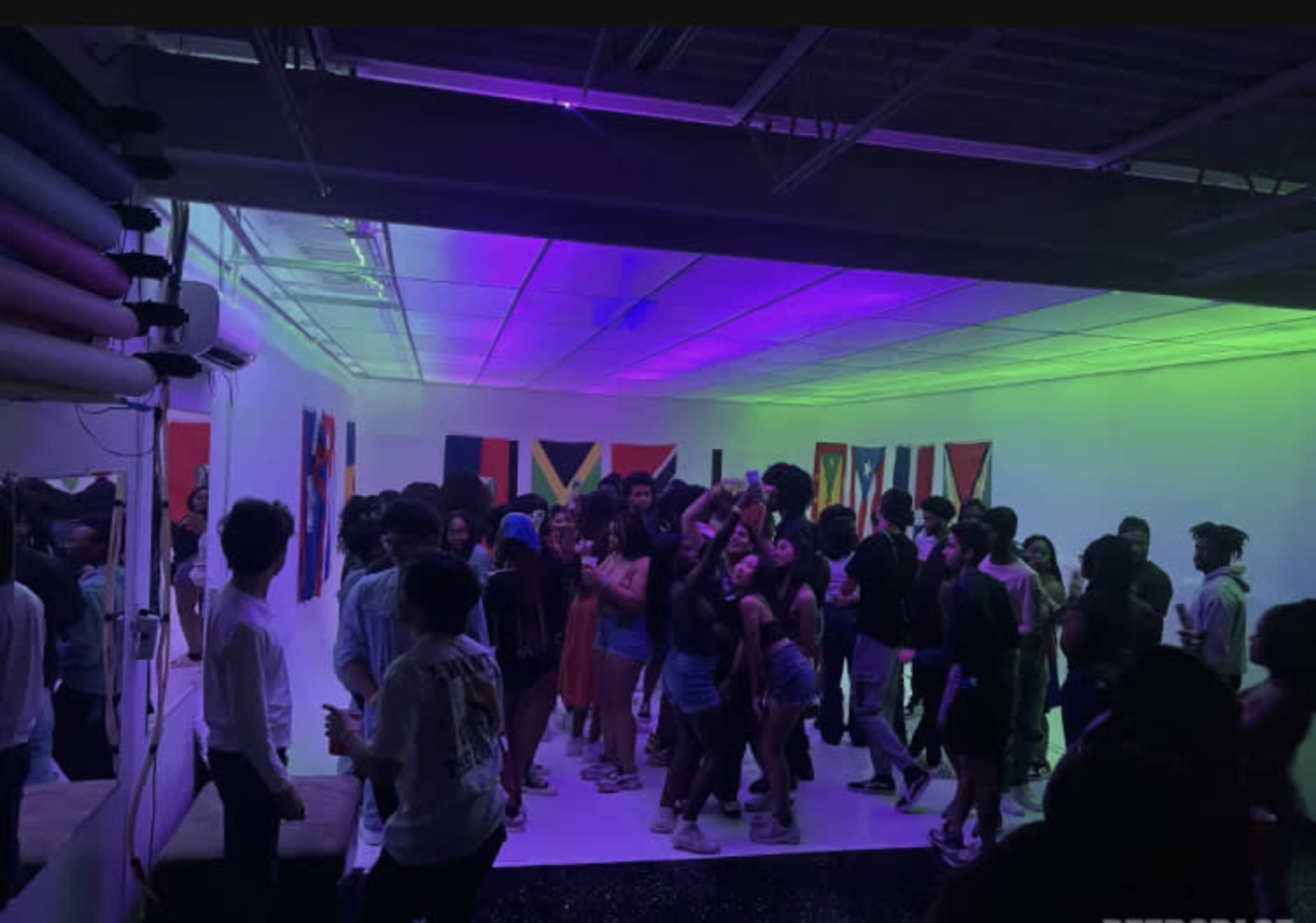 A large group of people dances in a brightly lit indoor space adorned with colorful artwork.