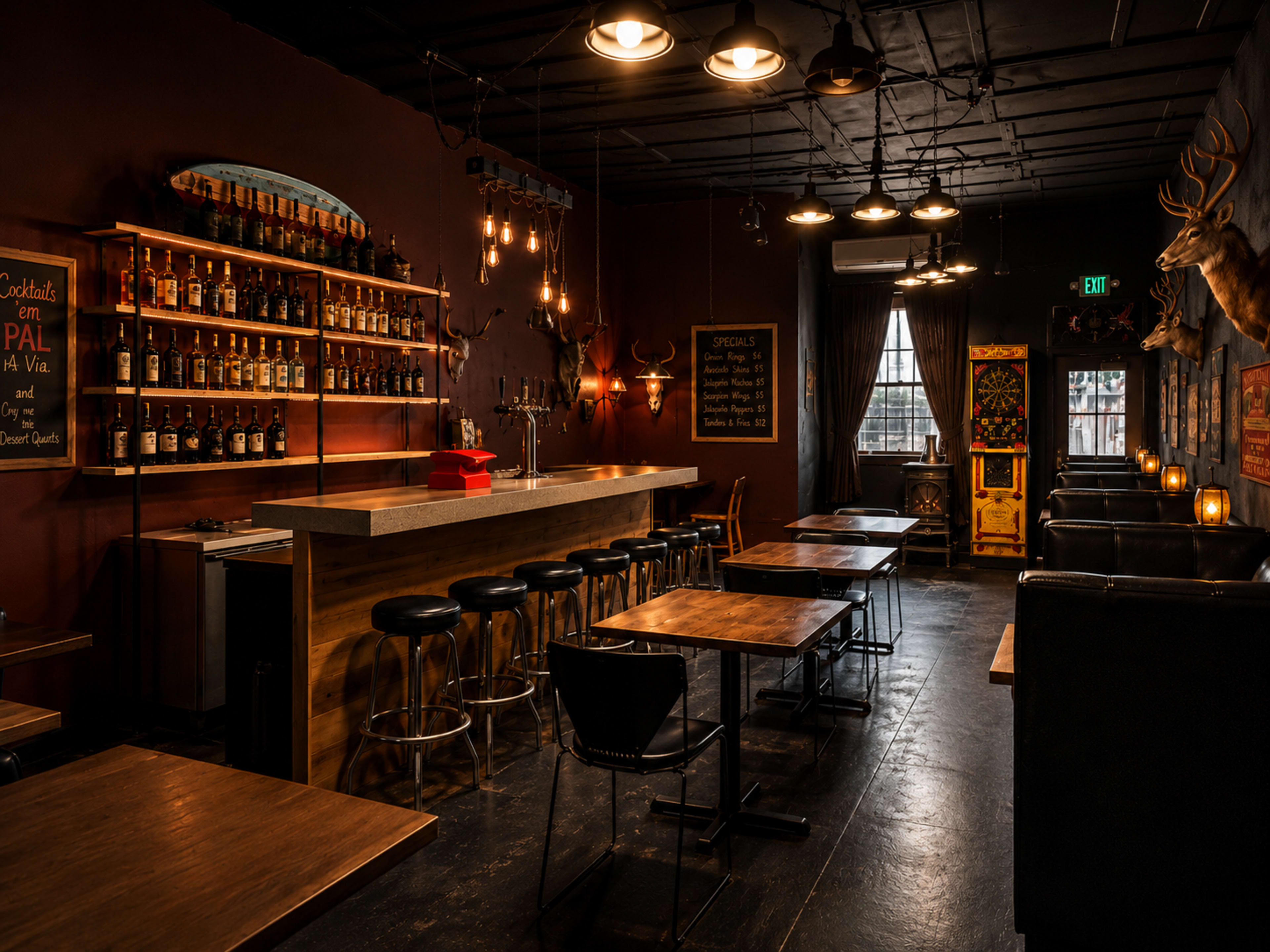 The image shows a dimly lit bar interior featuring a long wooden counter, high stools, and shelves lined with bottles, alongside dark wooden tables and booths against a maroon-painted wall.