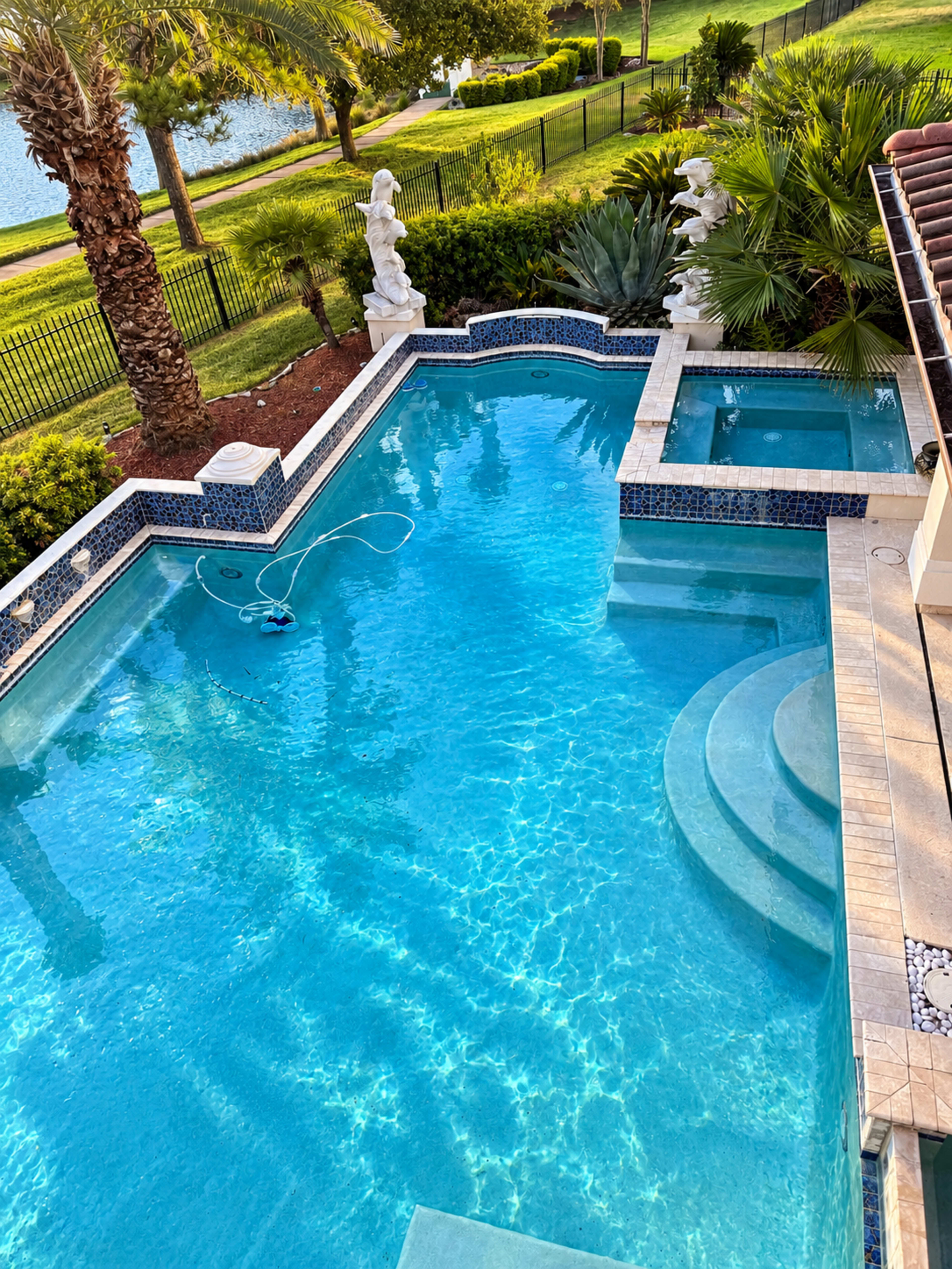 The image shows a clear swimming pool with a jacuzzi on the side, surrounded by palm trees and landscaped greenery.