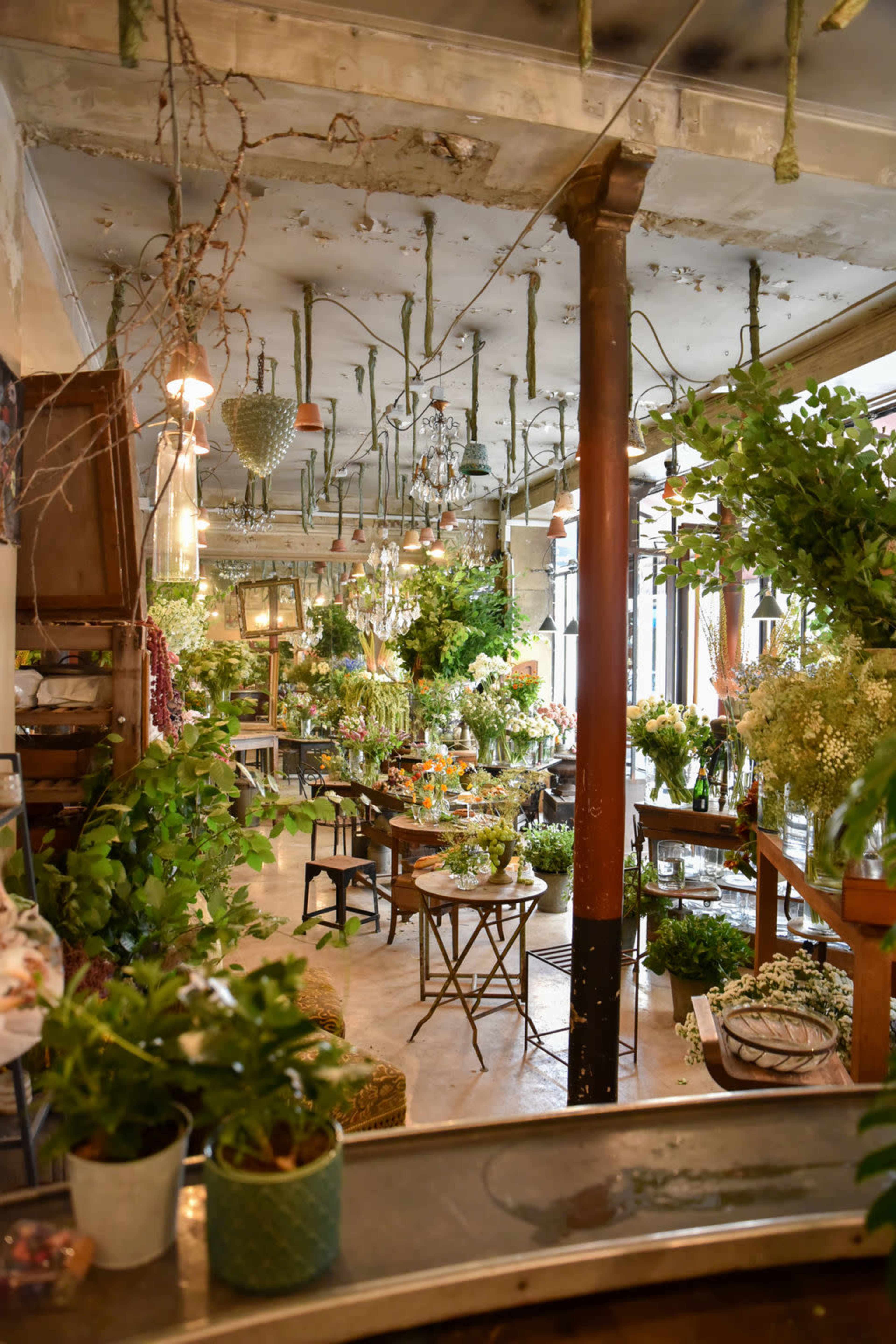 The interior of a floral shop features various plants and flowers arranged on tables, with exposed beams and an industrial-like ceiling.