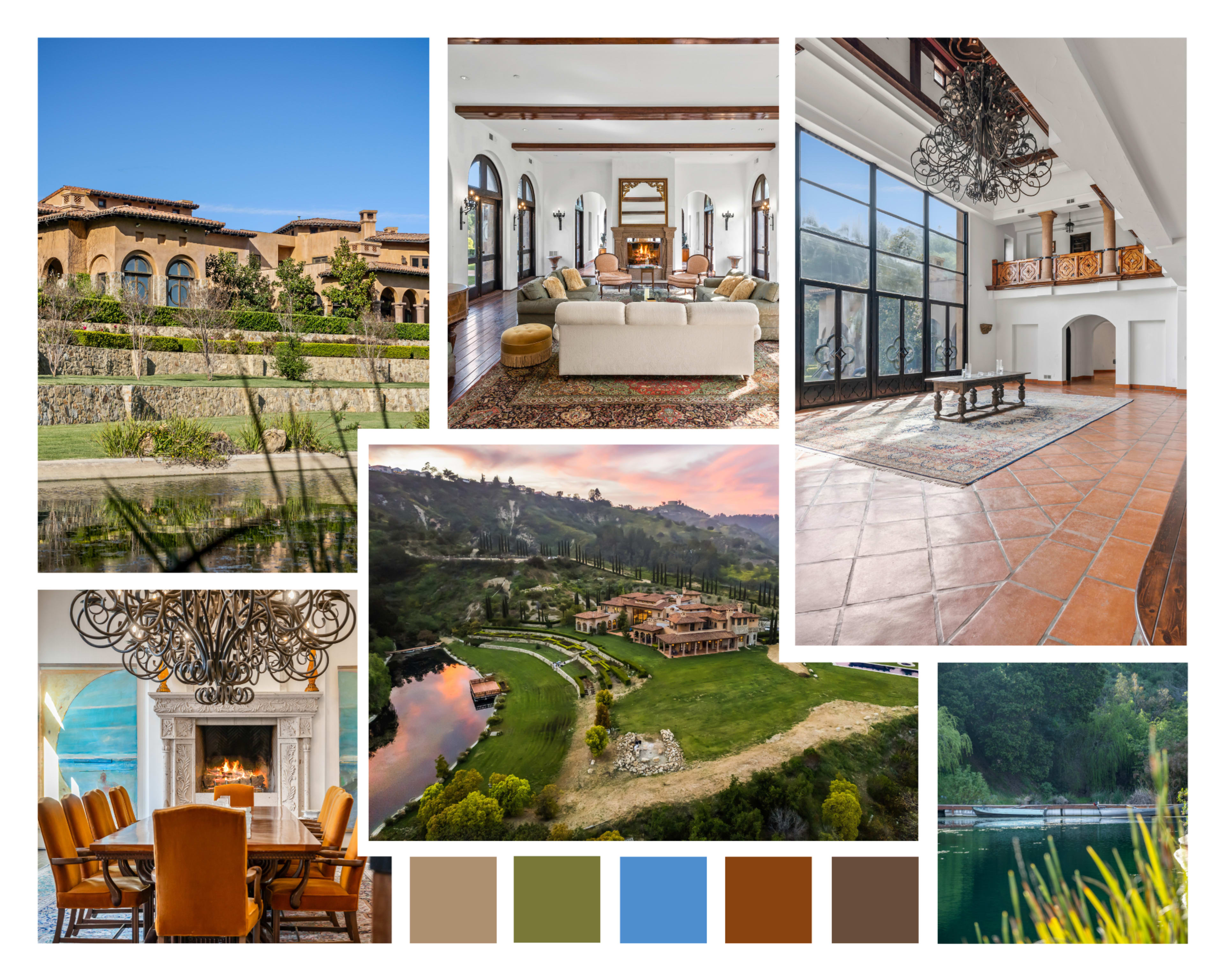 A luxurious estate featuring a grand exterior, elegant interior spaces with modern furnishings, and serene outdoor landscapes surrounding a pond.