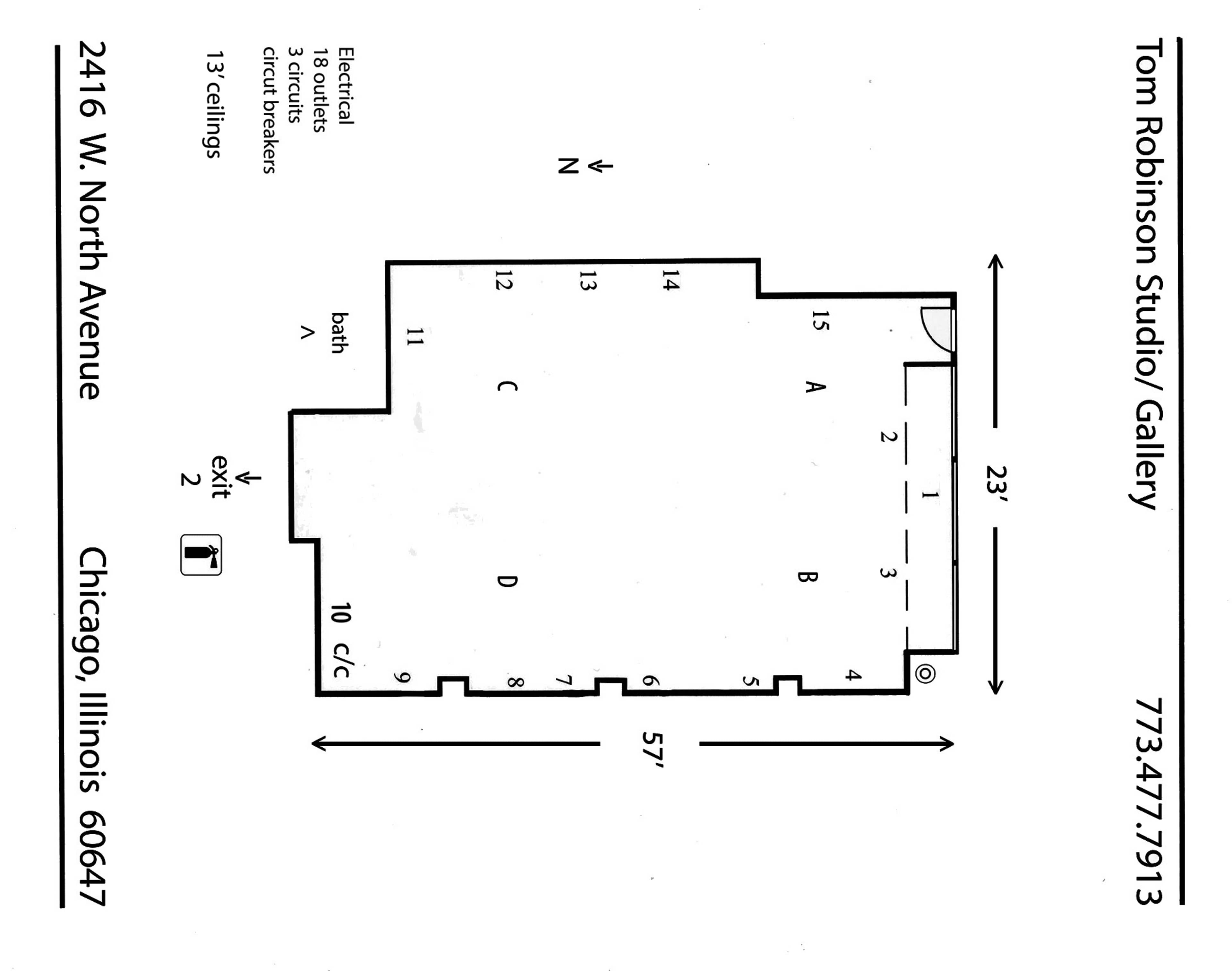 The image shows a floor plan of a studio or gallery located at 2416 W North Avenue, Chicago, Illinois, with labeled rooms and dimensions.