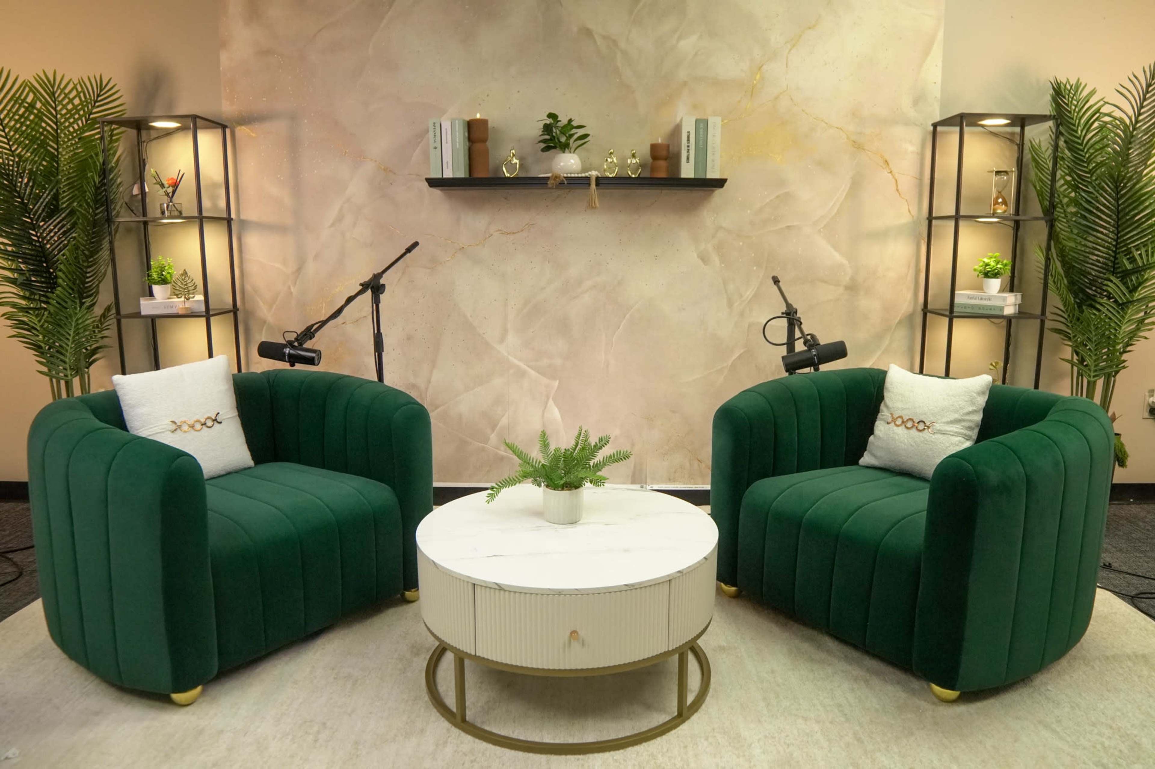The image shows two green upholstered armchairs positioned opposite each other around a white marble coffee table, with shelves on the wall displaying decorative items and plants.
