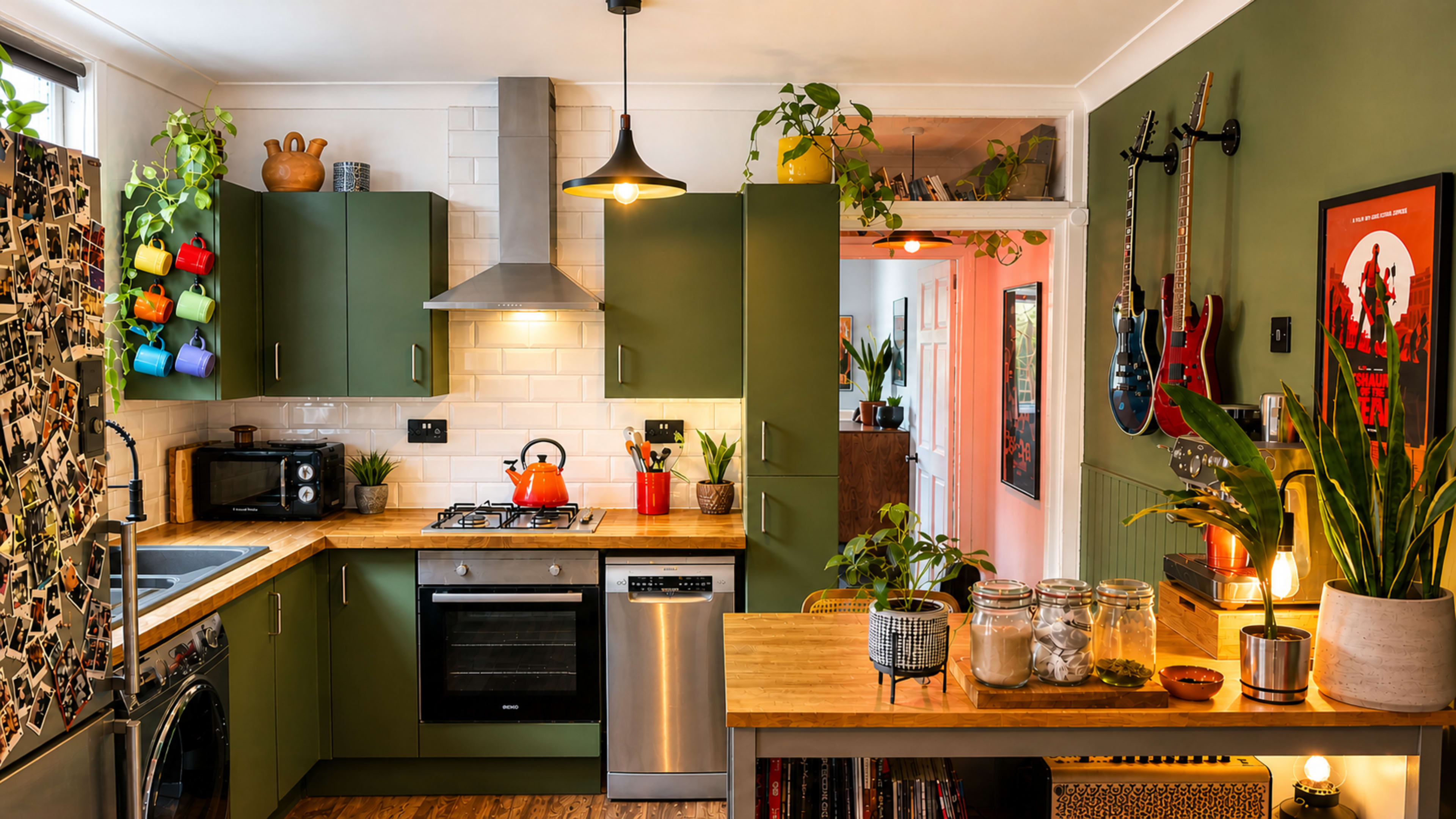 The image shows a modern kitchen with green cabinetry, a wooden countertop, stainless steel appliances, and various houseplants adorning the space.