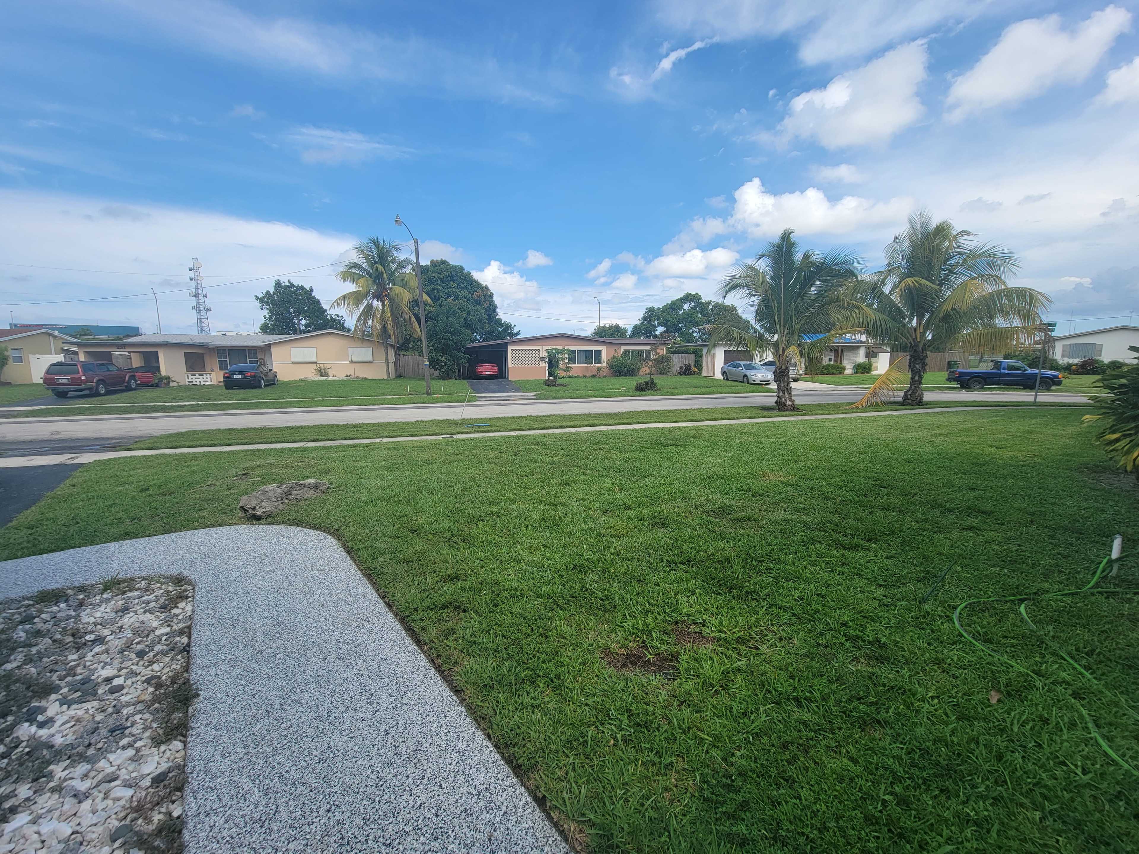 A grassy area is bordered by a sidewalk, with several houses and palm trees visible along a quiet street under a partly cloudy sky.