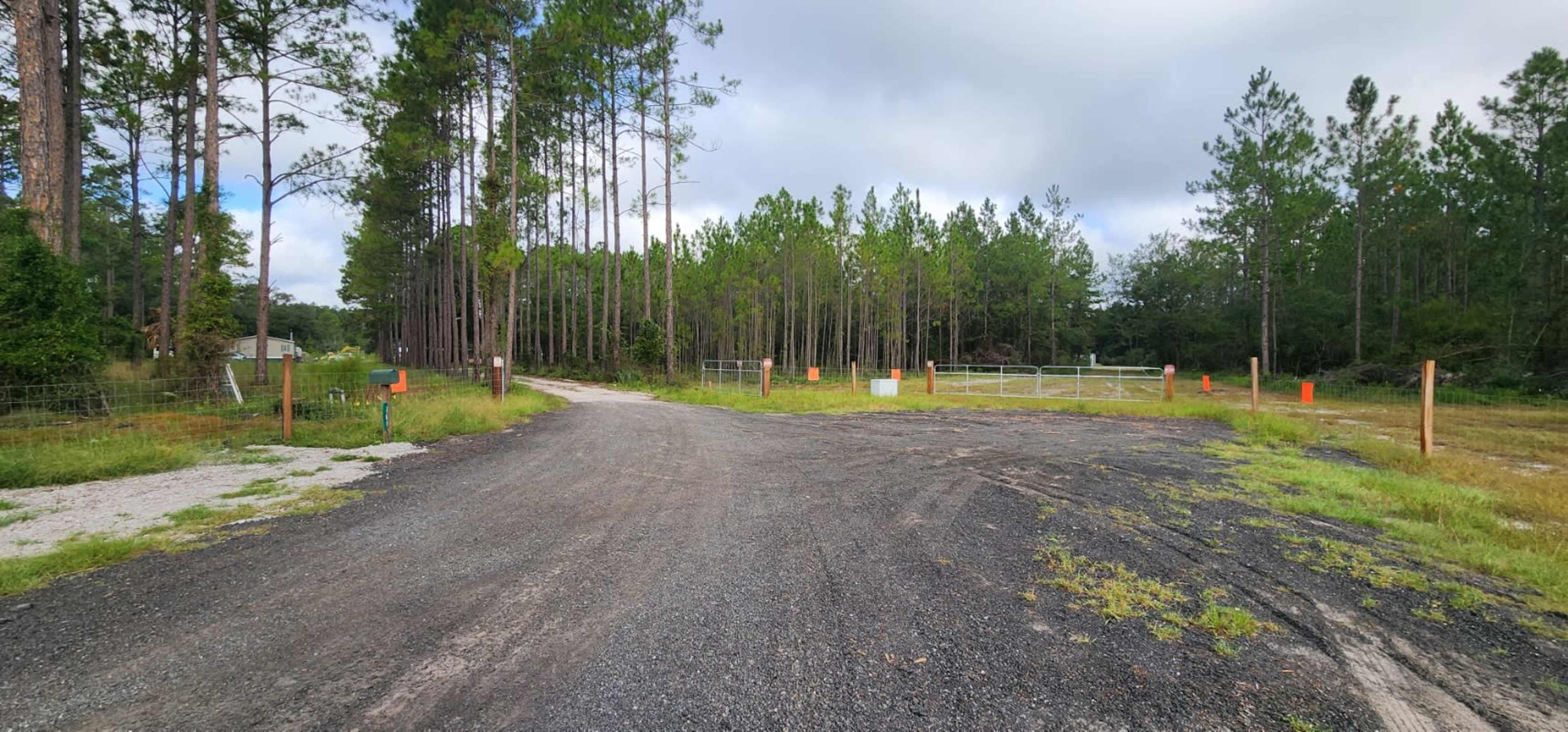 A gravel road forks near a wooded area, with fenced sections visible on either side.