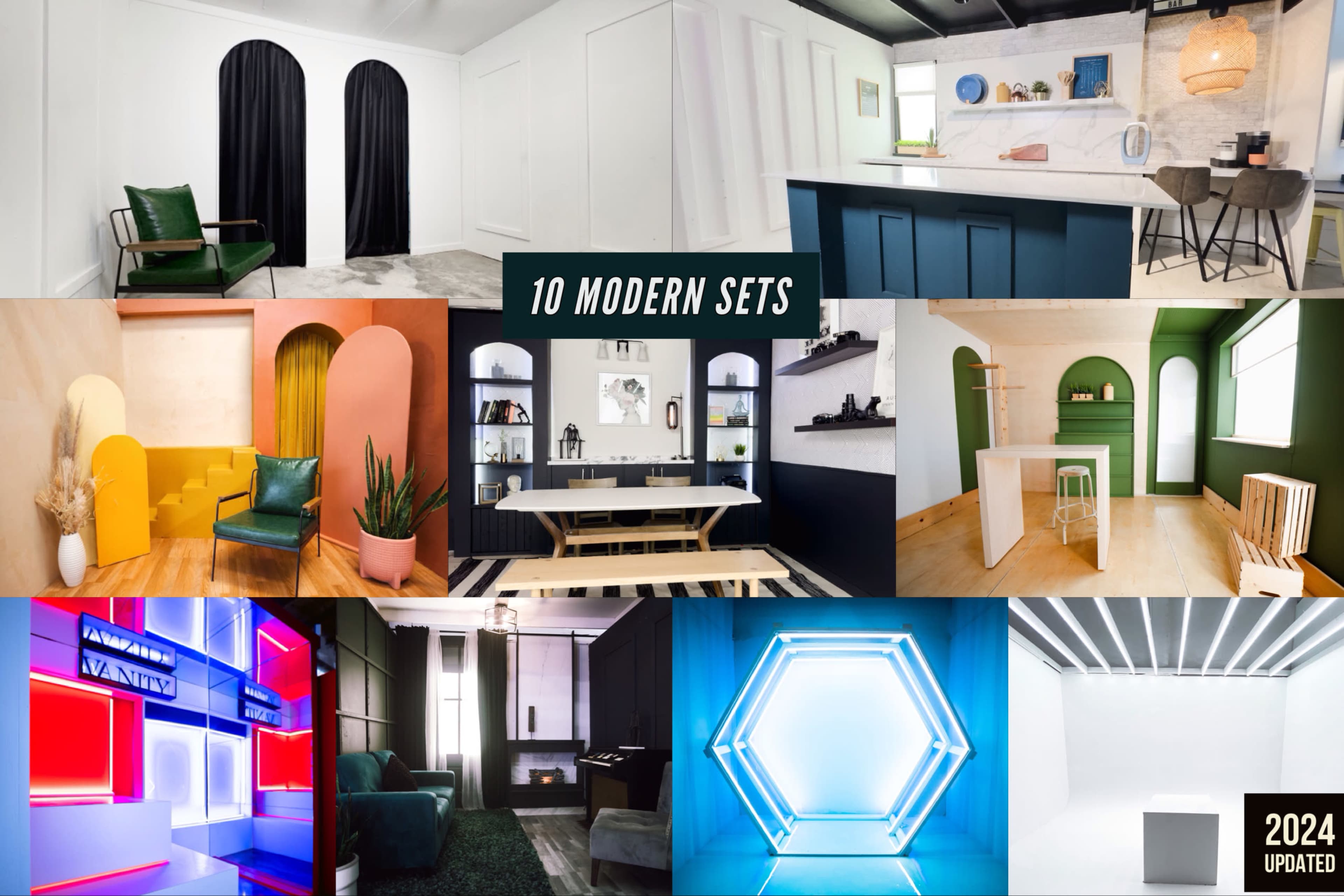 A collage of ten modern set designs featuring various interiors, including a bar area, dining space, and colorful accent walls.