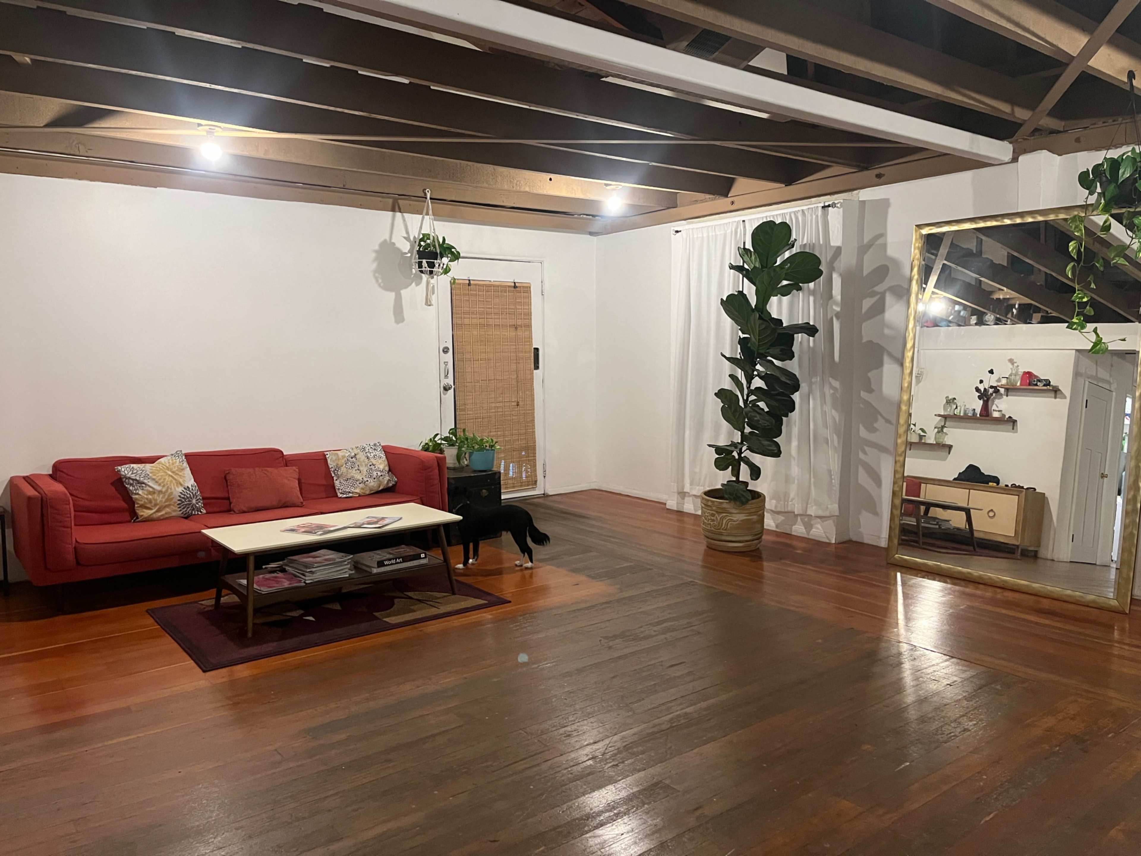 A spacious living room features a red sofa, a large mirror, a wooden floor, and a potted plant.