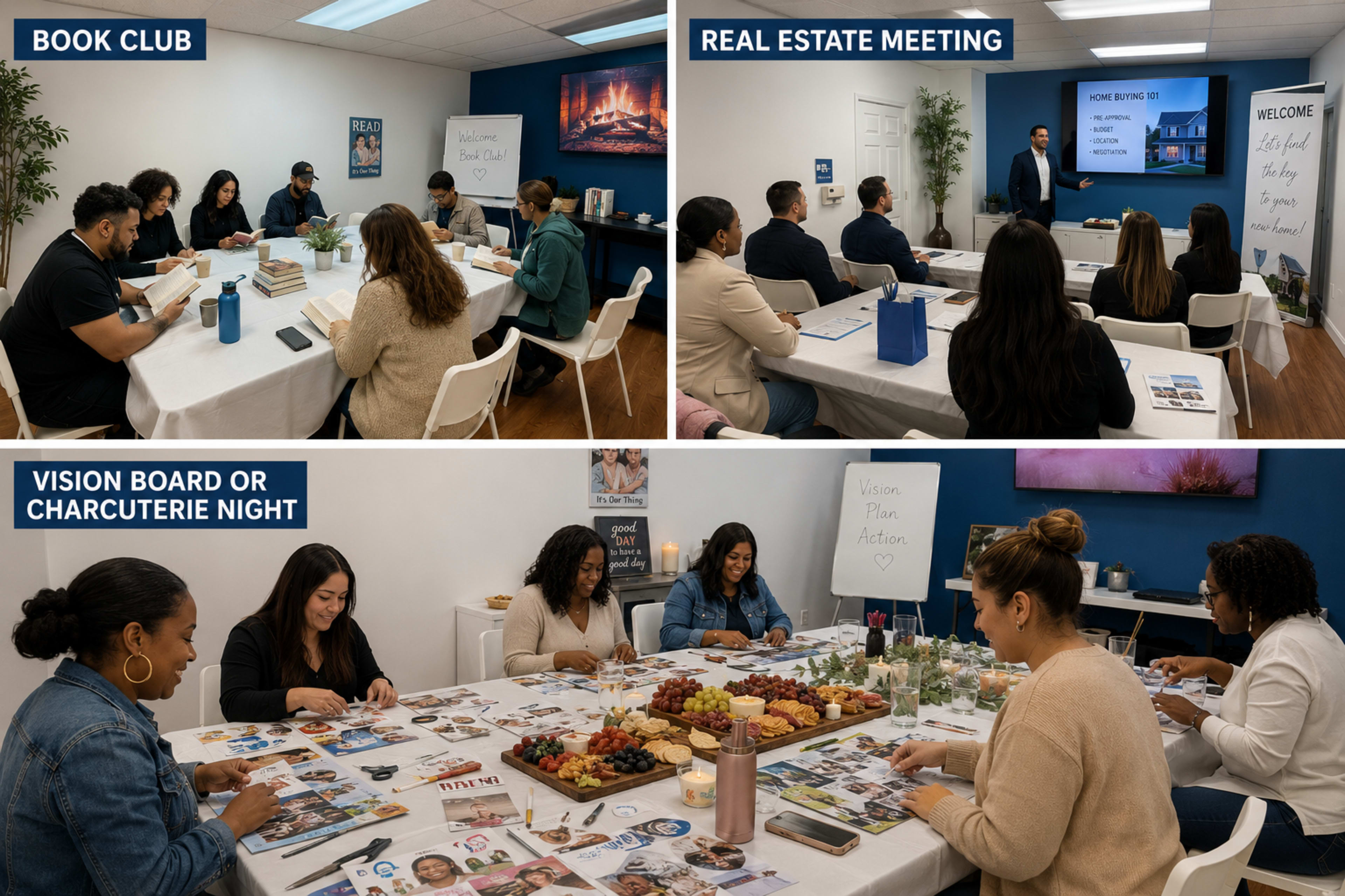 The image displays a variety of group activities: a book club session, a real estate meeting, and a vision board or charcuterie night, all taking place in a well-lit room with tables set up for each gathering.