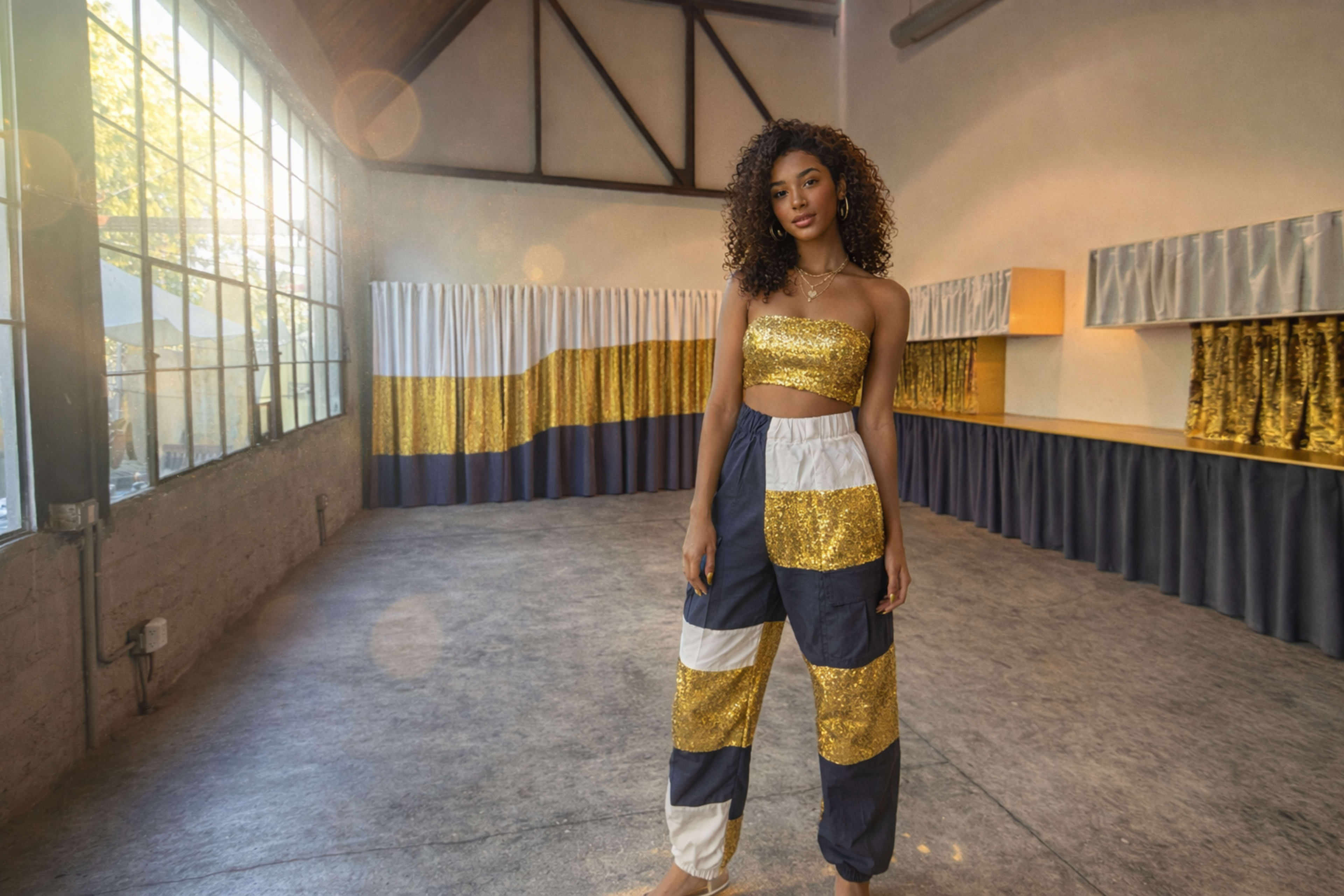 A woman with curly hair stands in a spacious, well-lit studio featuring large windows and decorative fabric panels.
