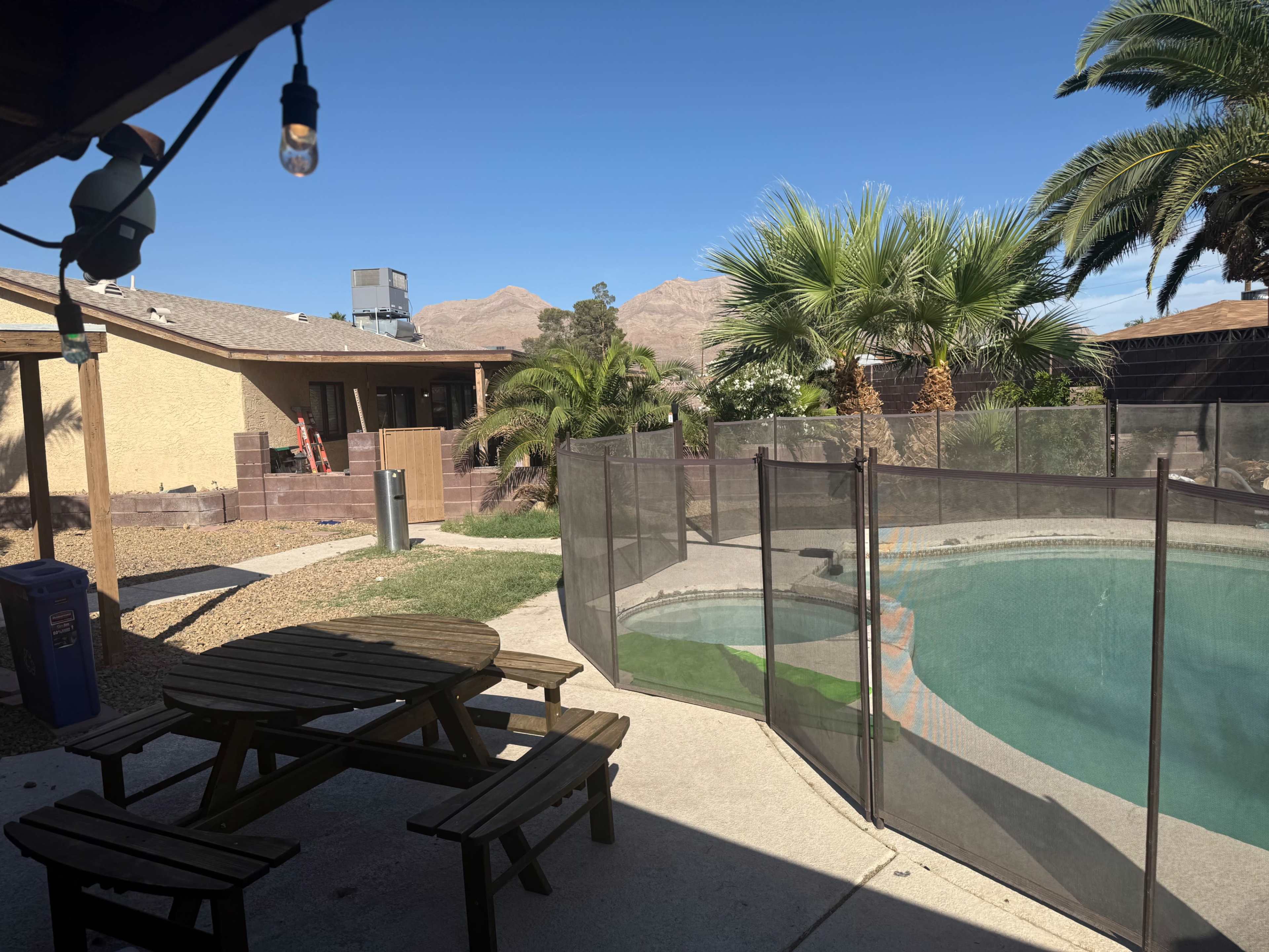 The image shows a backyard with a swimming pool surrounded by a mesh safety fence, palm trees, and a house in a desert setting.