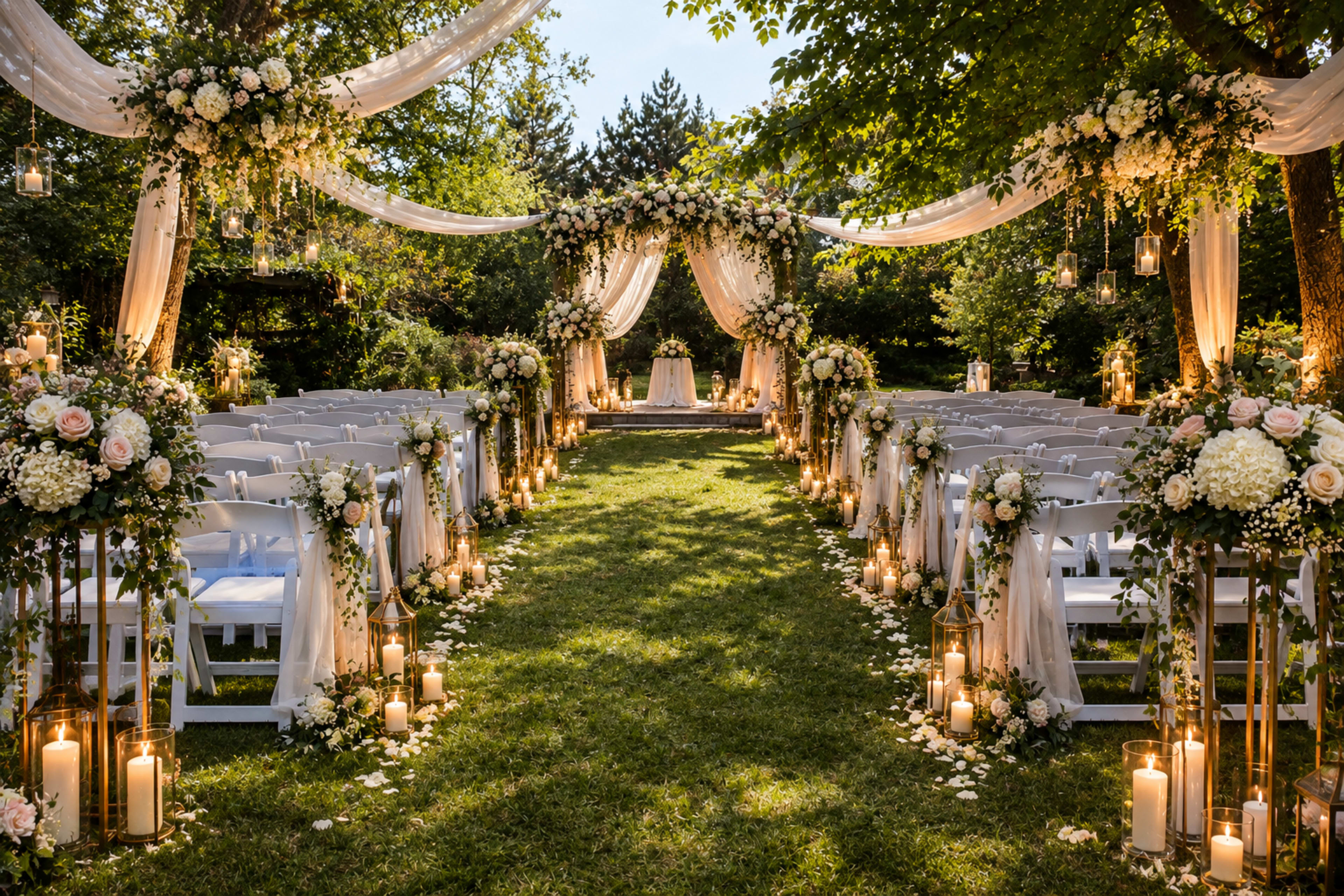 The image depicts a beautifully arranged outdoor wedding ceremony with white chairs lined along a grassy aisle, adorned with floral arrangements and softly lit by candles.
