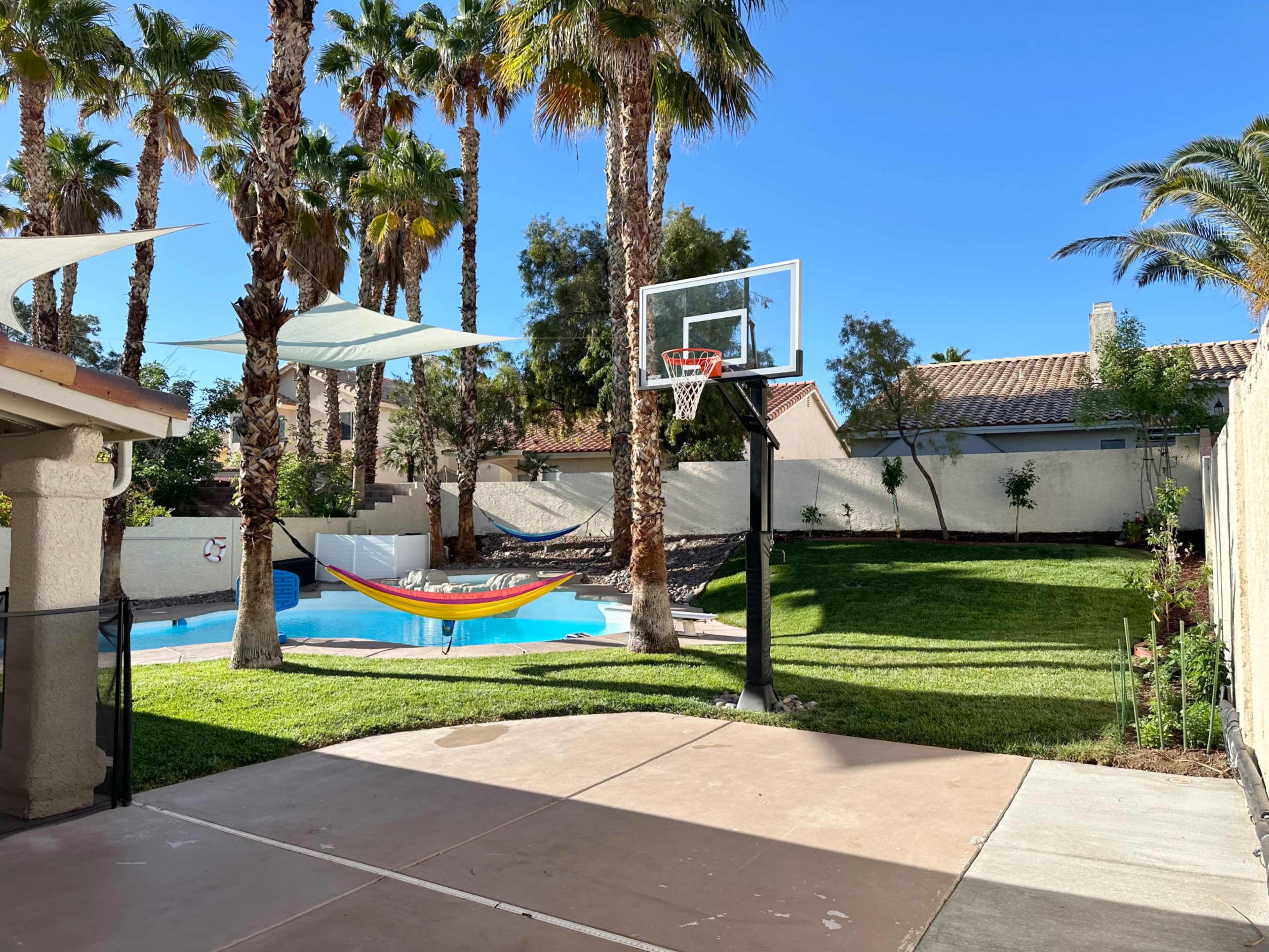 The image shows a backyard with a basketball hoop, a swimming pool, a hammock, and palm trees under a clear blue sky.